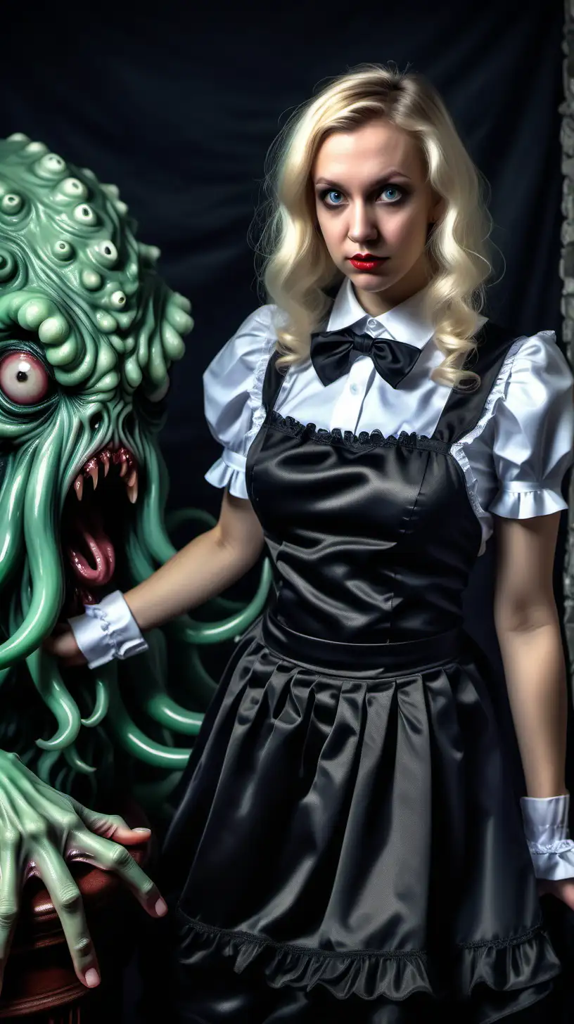 realistic photo  adorable blond woman in satin french maid uniform  well tailored  stands near Cthulhu abomination as a H.P. Lovecraft nightmare style 