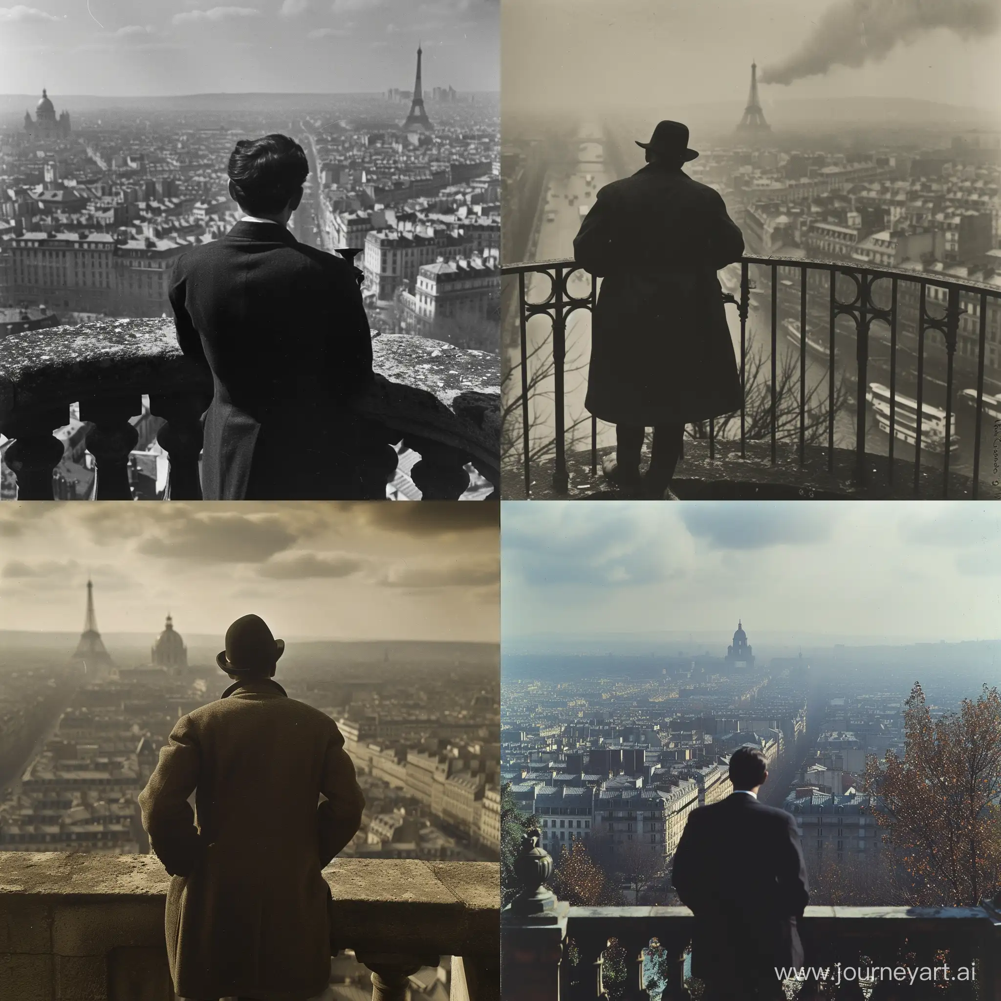 A French citizen looks at the landscape against the background of the city during the 30s.
