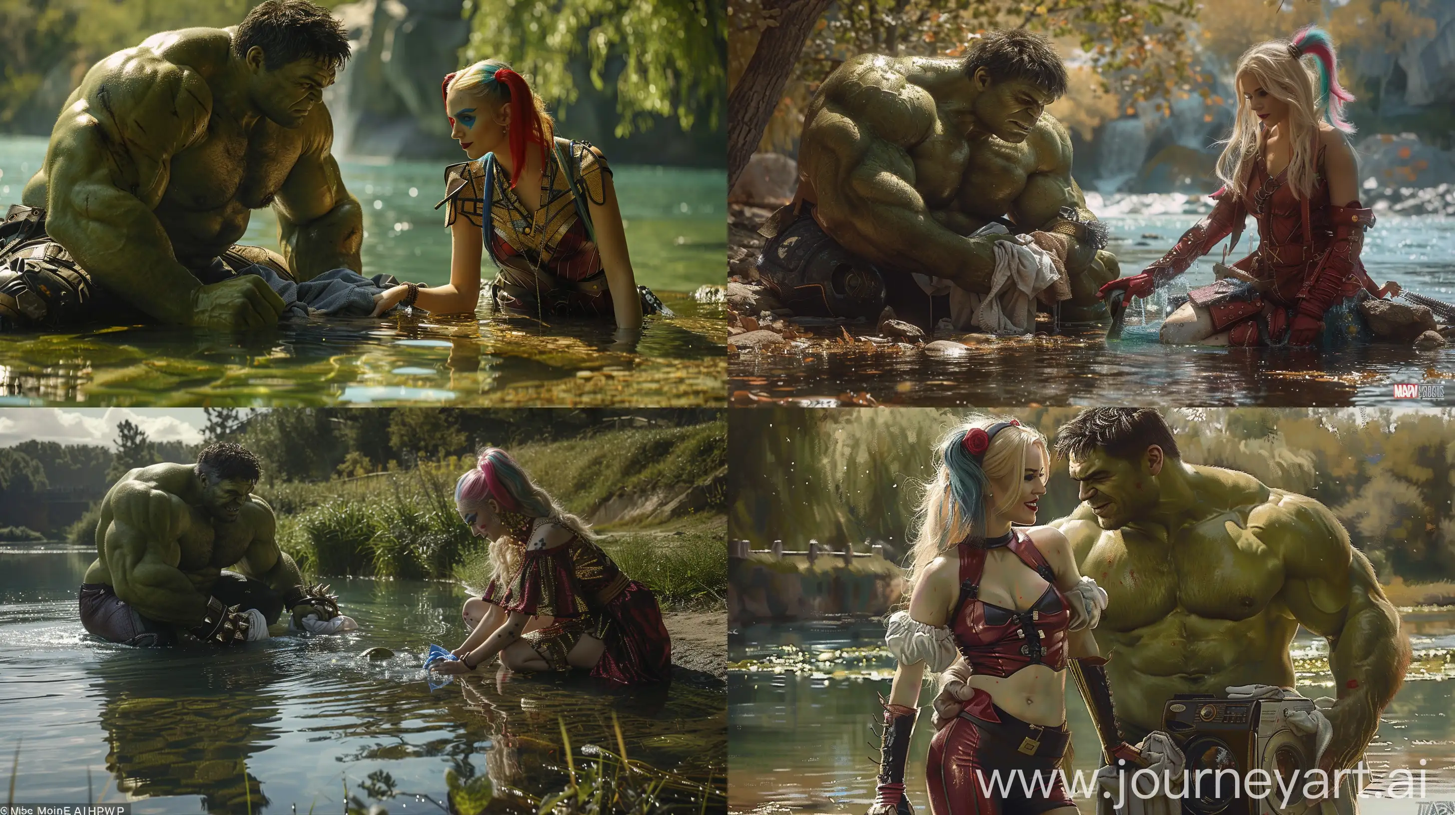 hulk and Margot Robbie's Harley Quinn as seen in 2017 DC movie, doing laundry by a serene river, superhero commitment to household chores, vivid details, iconic costume, tranquil waters, picturesque setting, juxtaposition of action-hero with domestic life, engaging narrative tableau  --v 6 --ar 16:9 --s 300 --c 5