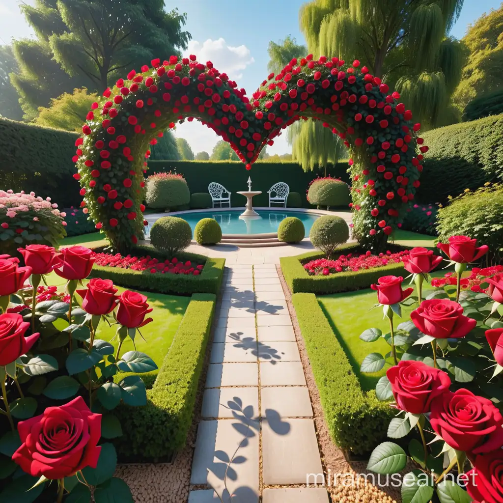 Romantic English Garden with HeartShaped Red Roses
