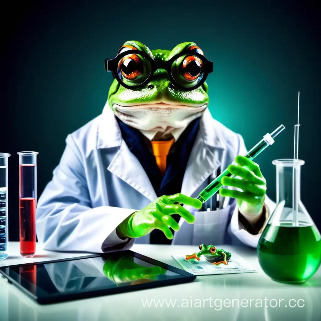 a frog in a scientist's costume, in a laboratory, next to a table with test tubes with liquid, a frog with glasses, holding a tablet in his paws