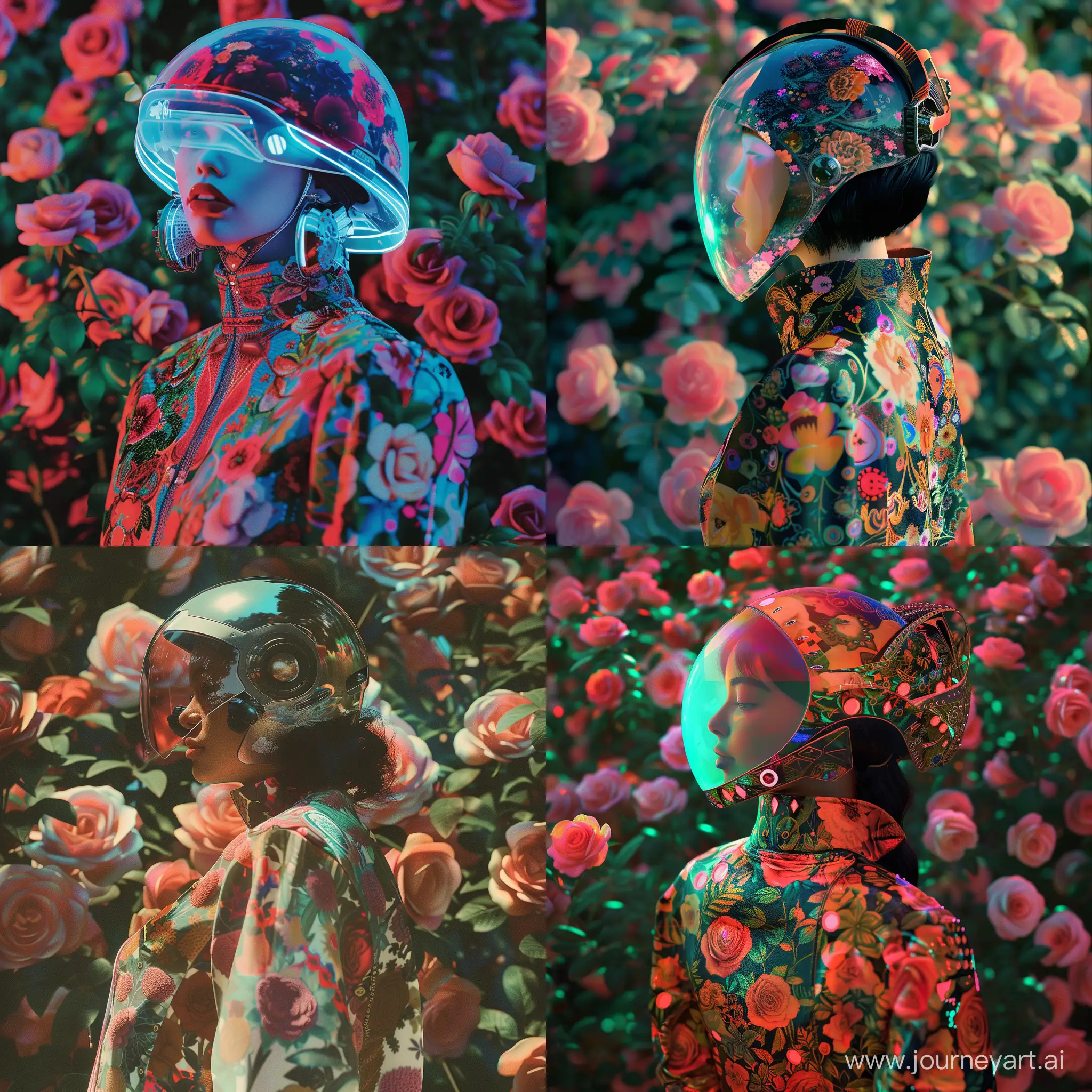 Futuristic-Woman-in-Floral-Jacket-Amid-Lush-Roses