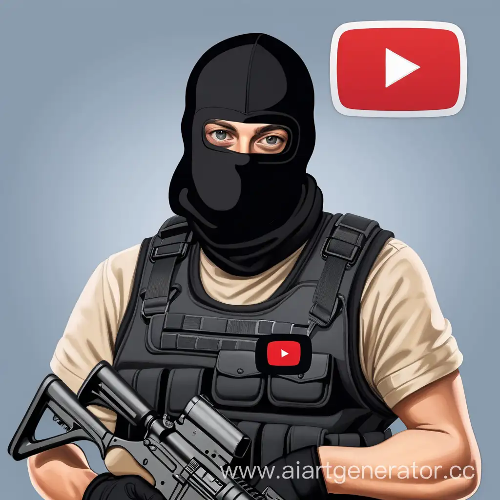 A man in a balaclava and bulletproof vest holds a youtube icon