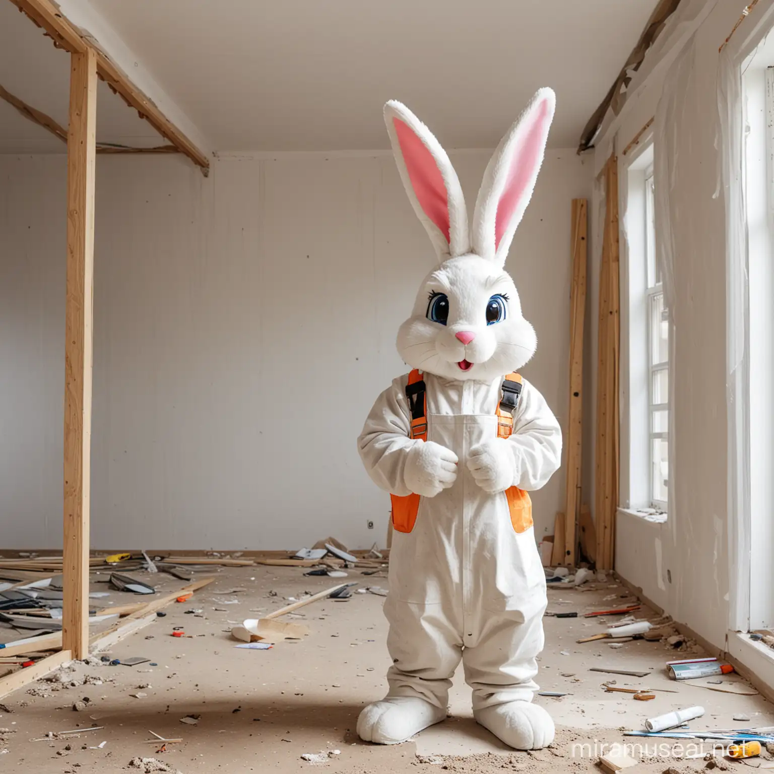 Easter Bunny at a Construction Site with Plasterboards