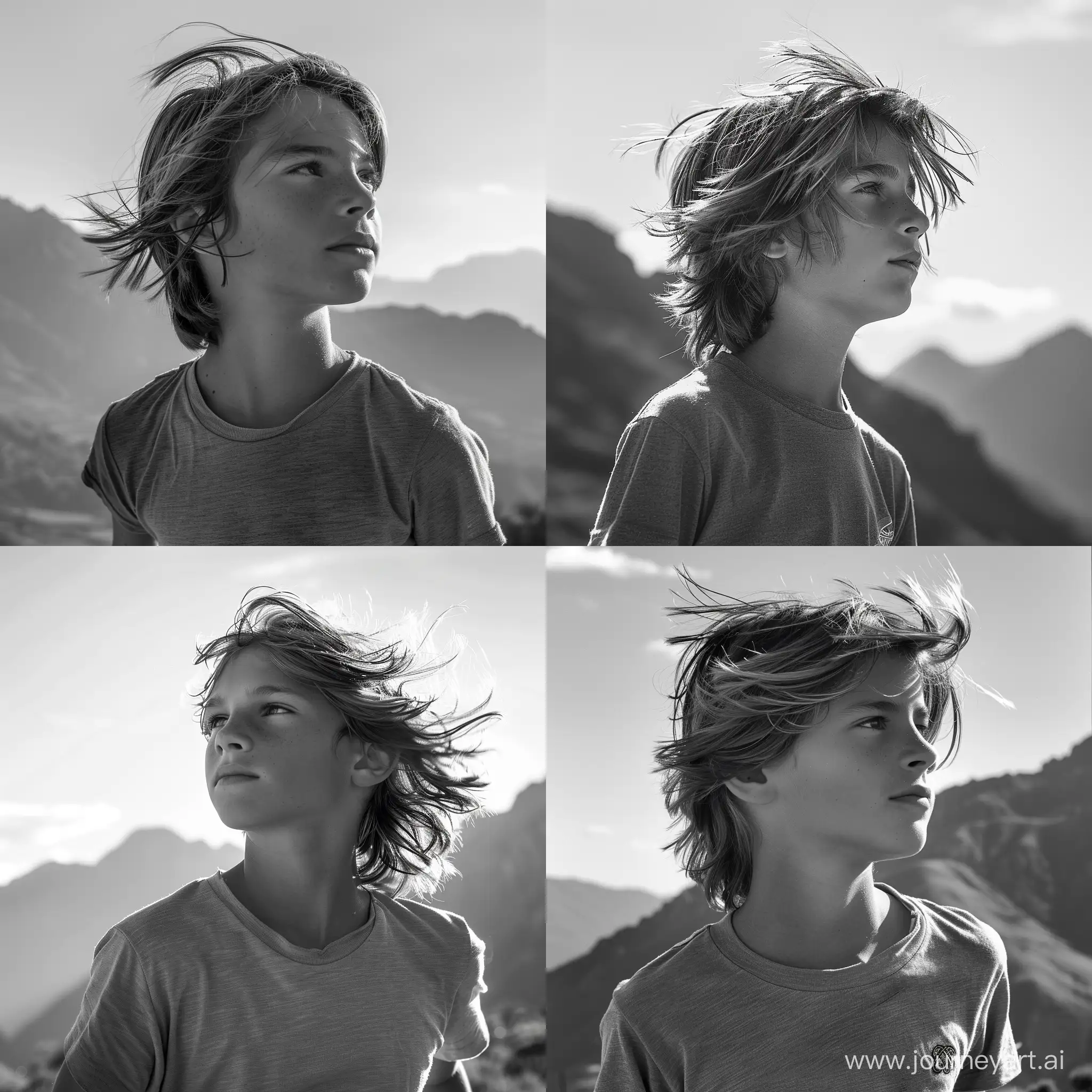 фото, мальчик 12 лет,профиль, по грудь,анфас,смотрит в даль,в майке на фоне гор,ветер развивает длинные волосы,яркие рефлекс