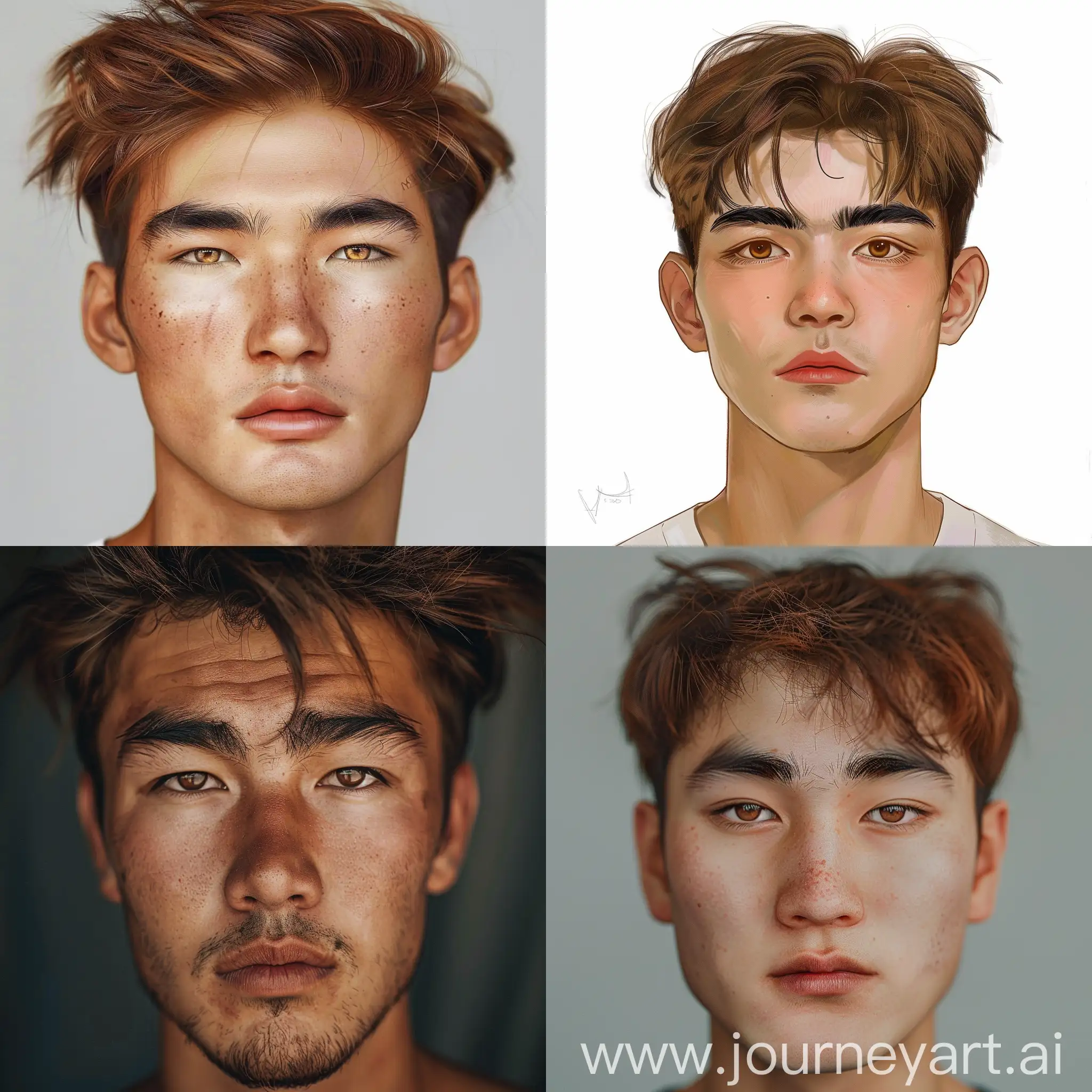 Uzbek guy, eyebrows wide but short, Asian nose, thick lips but thin on top, oval face, big ears, reddish-brown, brown hair, Kazakh eyes.