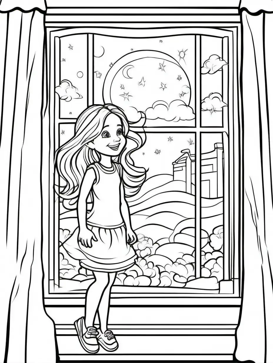 Childs Coloring Book creates page per description:

Waking Up:
When the first rays of sunlight peek through the window, the little girl wakes up feeling refreshed and happy. She remembers her amazing dreams and can't wait to tell everyone about them.

