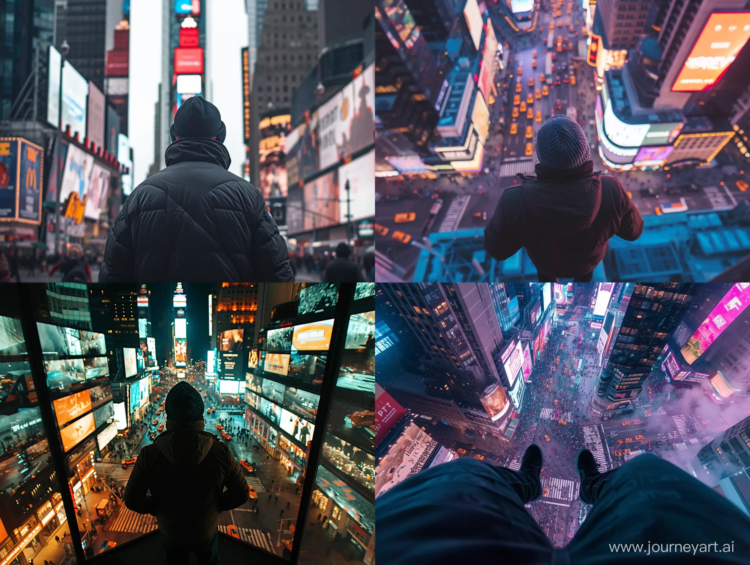 a photo showcaseing a 1st person view perspective of man in a new york time square