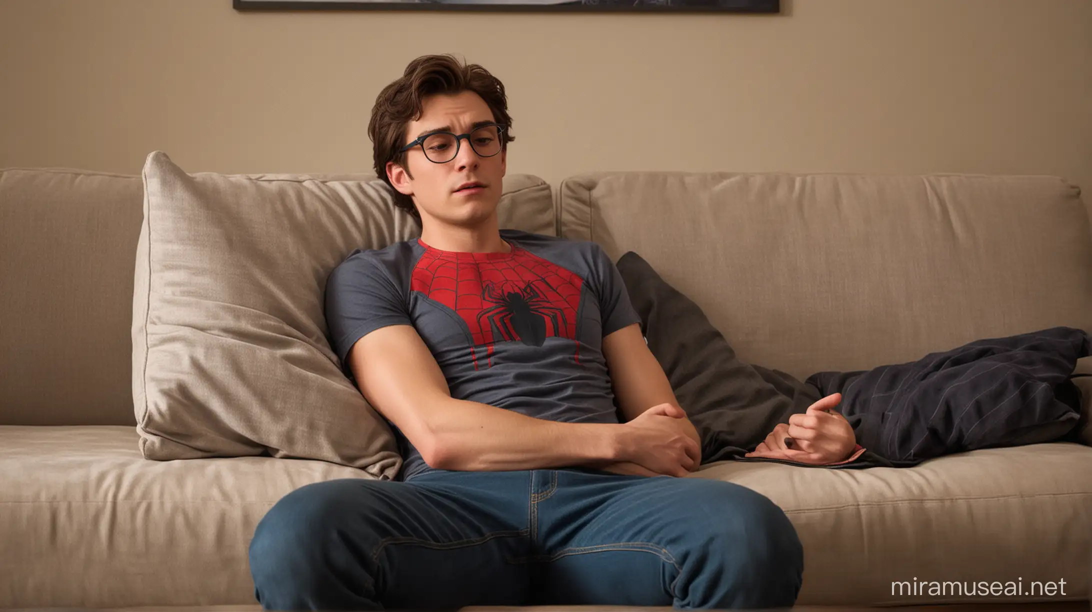 Sleeping Peter Parker in Casual Tshirt on Sofa