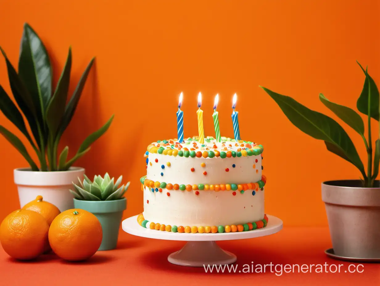 Vibrant-Birthday-Celebration-with-Cake-and-Lush-Plants-on-Orange-Background