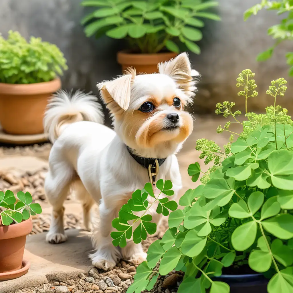 Curious Small Dog Examining Moringa Plant in Kitchen Garden