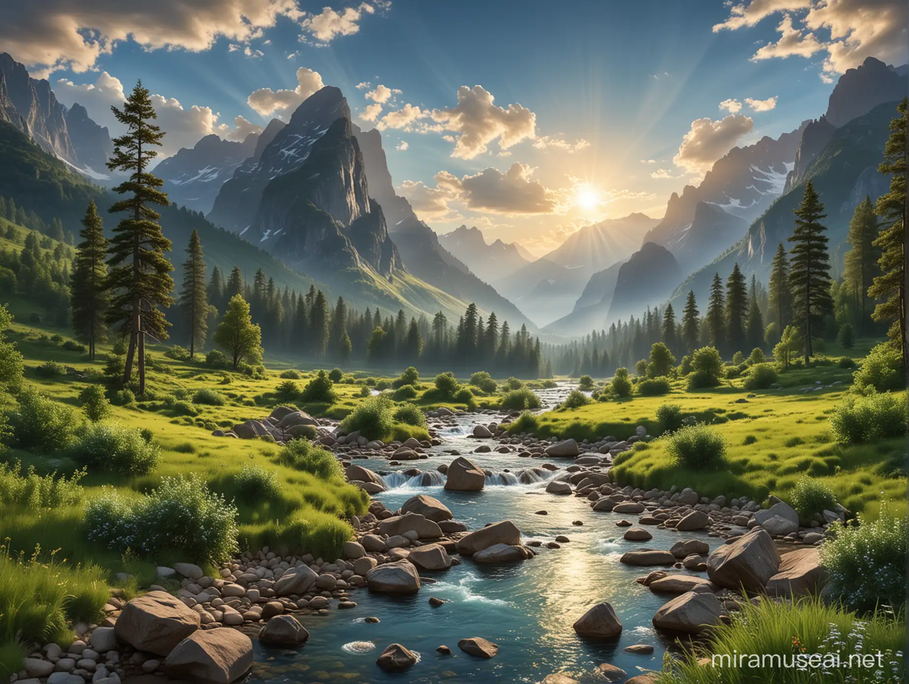 Serene Valley Landscape with Majestic Mountains and Blue Sky