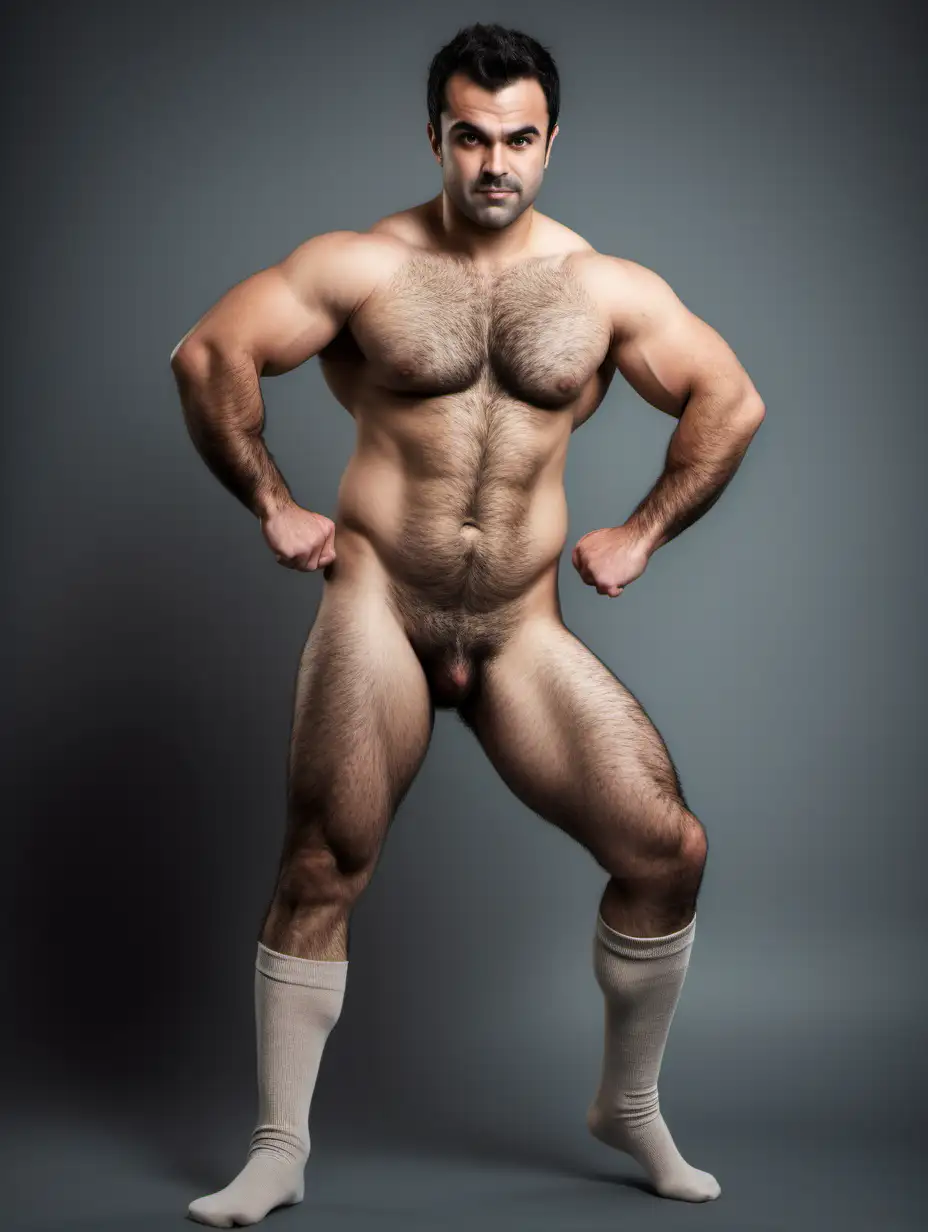 full length portrait of a nude athletic hairy burly man who looks exactly like Alexandre Despatie, wearing socks. fight pose. 3/4 side view