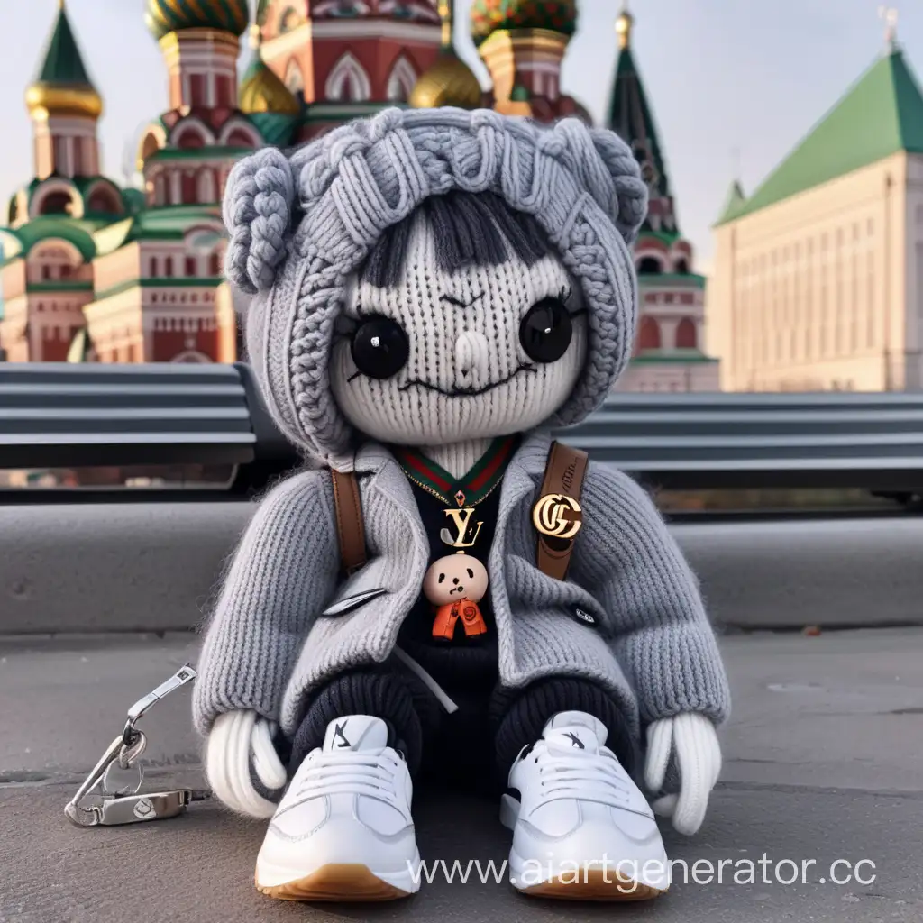 Аниме стиль где Милая грустная Вязанная кукла вуду в сером городе Москва одетая в бренды Gucci Nike Louis Vuitton