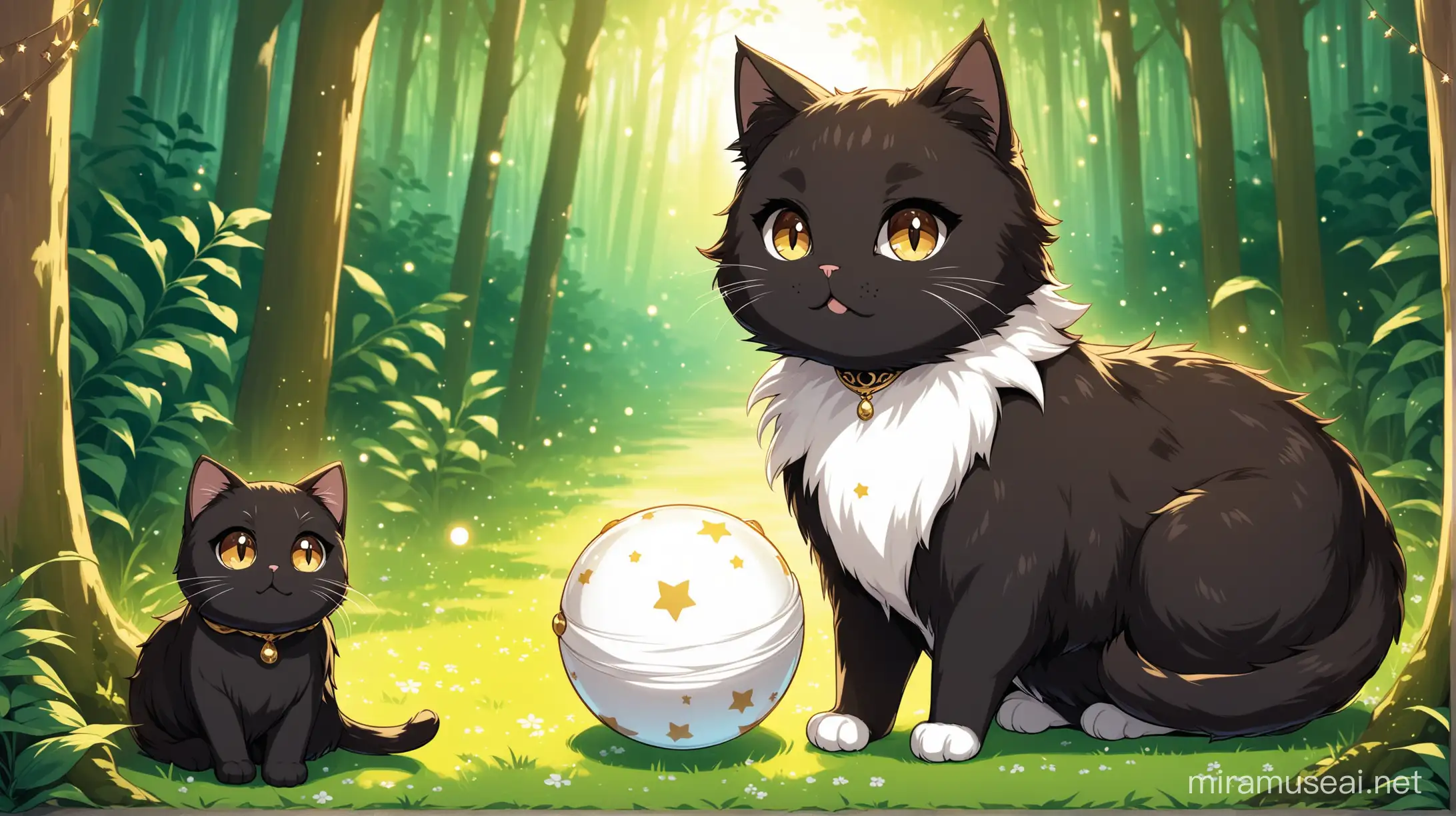 A black-furred brown-eyed cat is waiting in the forest for the Ramadan ball to explode with her black-and-white furry cat friend