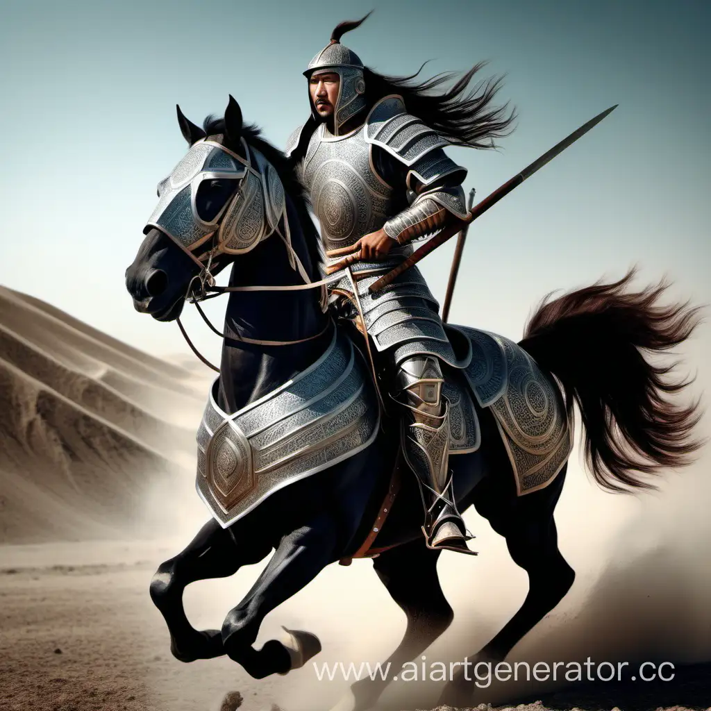 нарисуй мне казахских воинов на лошадях с грозным видом и доспехами. доспехи должны быть из железо