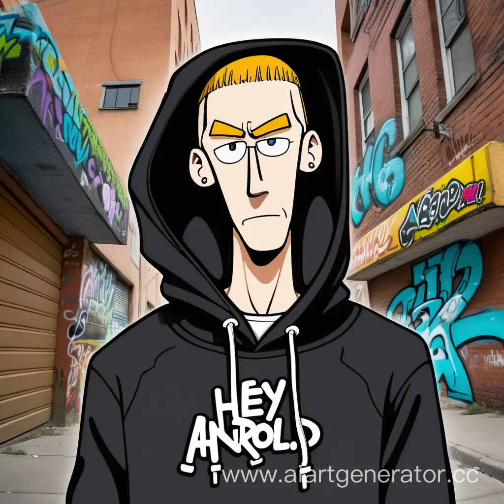 a tall white thin guy with an elongated face, in a black hoodie with a hood on his head, hip-hop, cartoon style Hey Arnold! street background, next to it is inscription ca dogg graffiti style