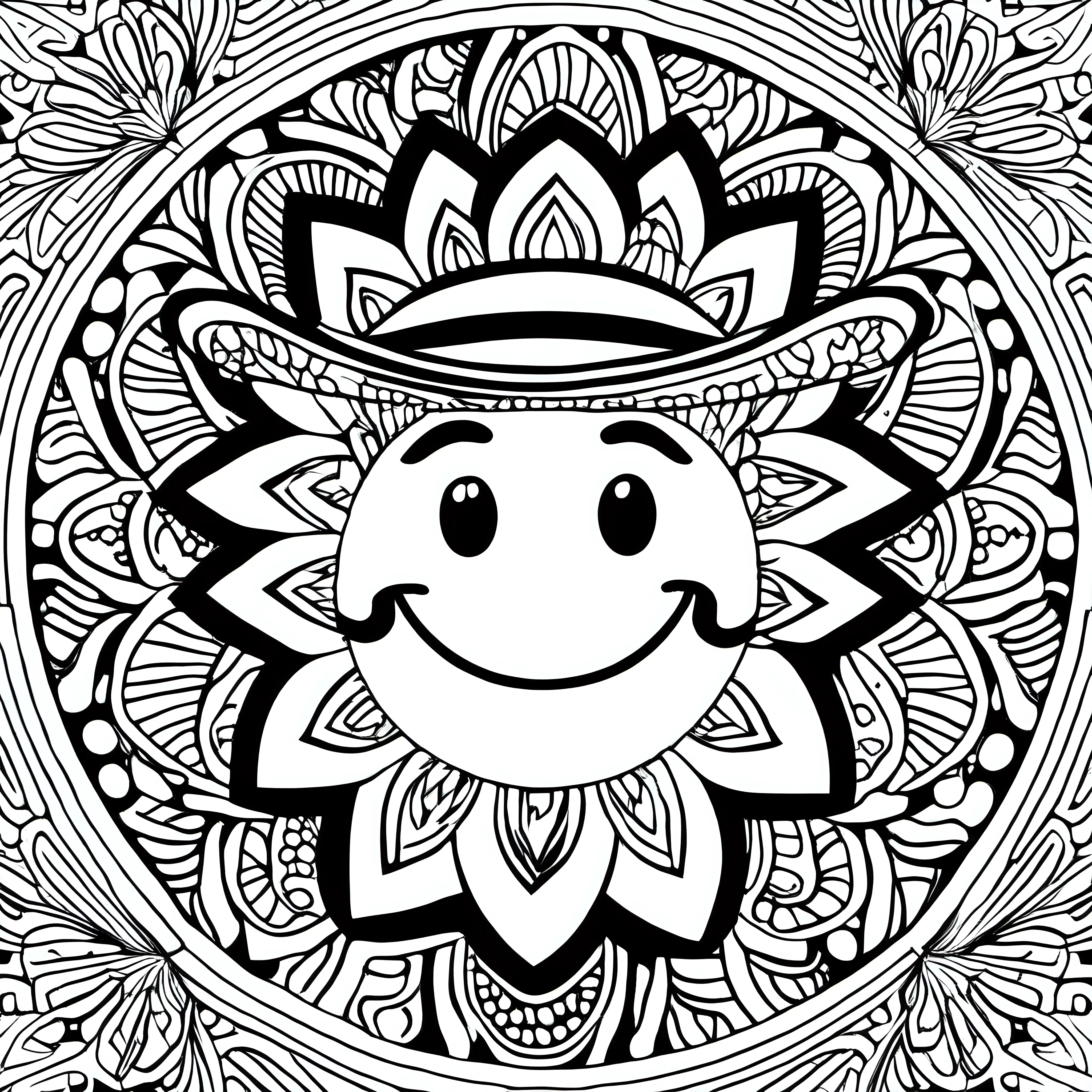 happy face wearing a  hat mandala to color