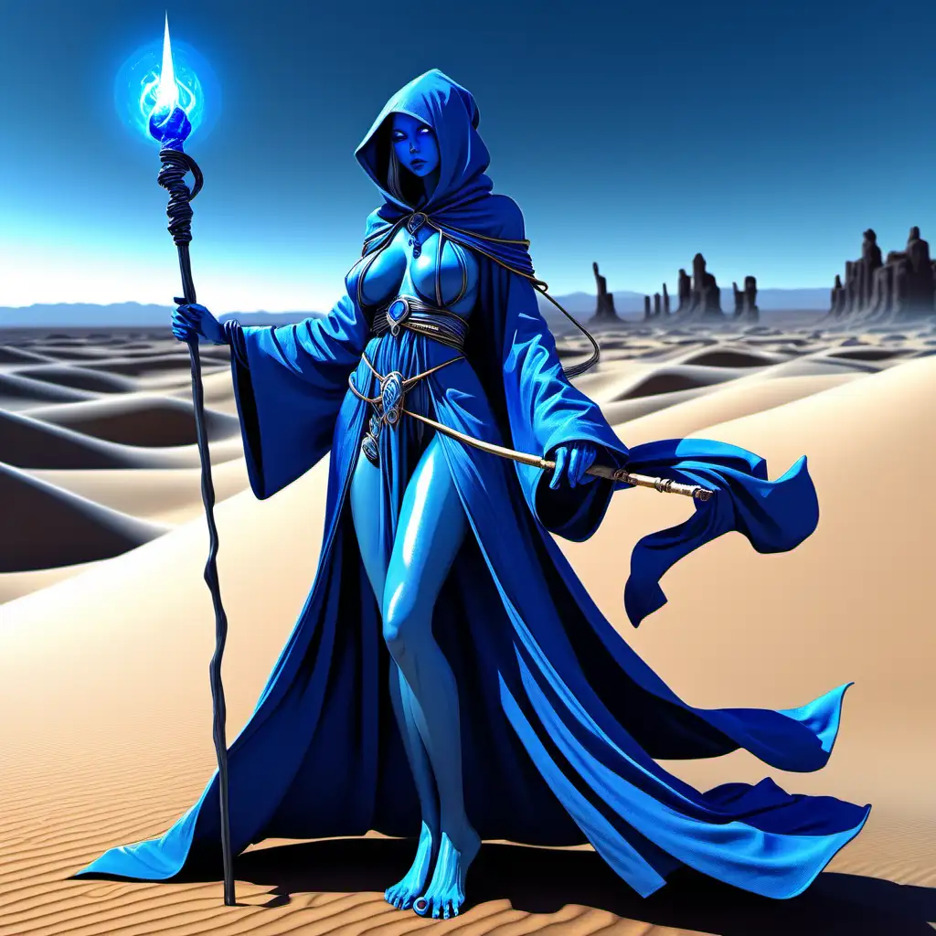 sensual female, blue humanoid, in a long blue mage robe, with a Staff, on a blue desert scenario (cartoon)