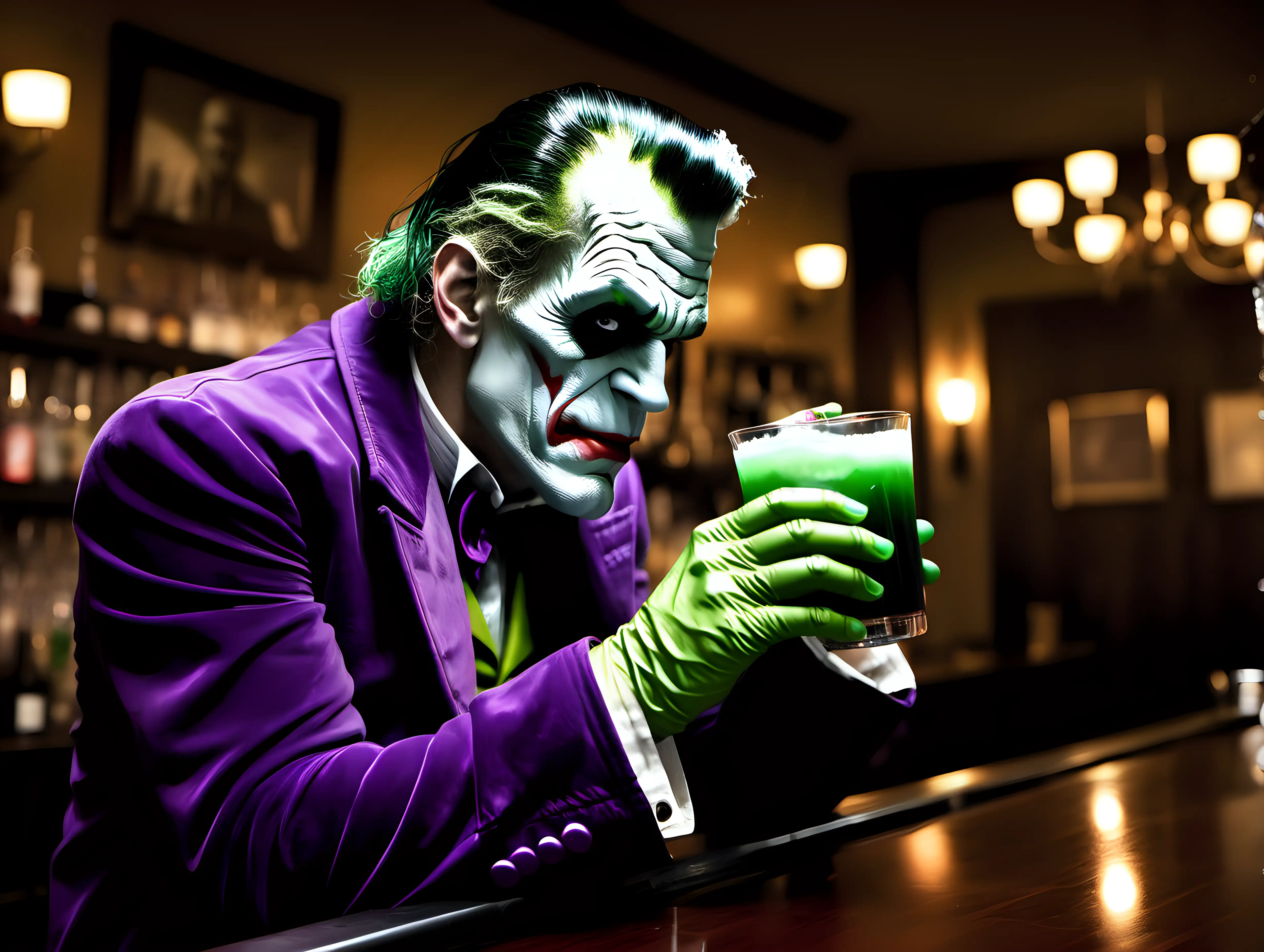 Iconic Characters Unwind Frankenstein Batman and The Joker Enjoying Drinks at an Upscale Winter Bar