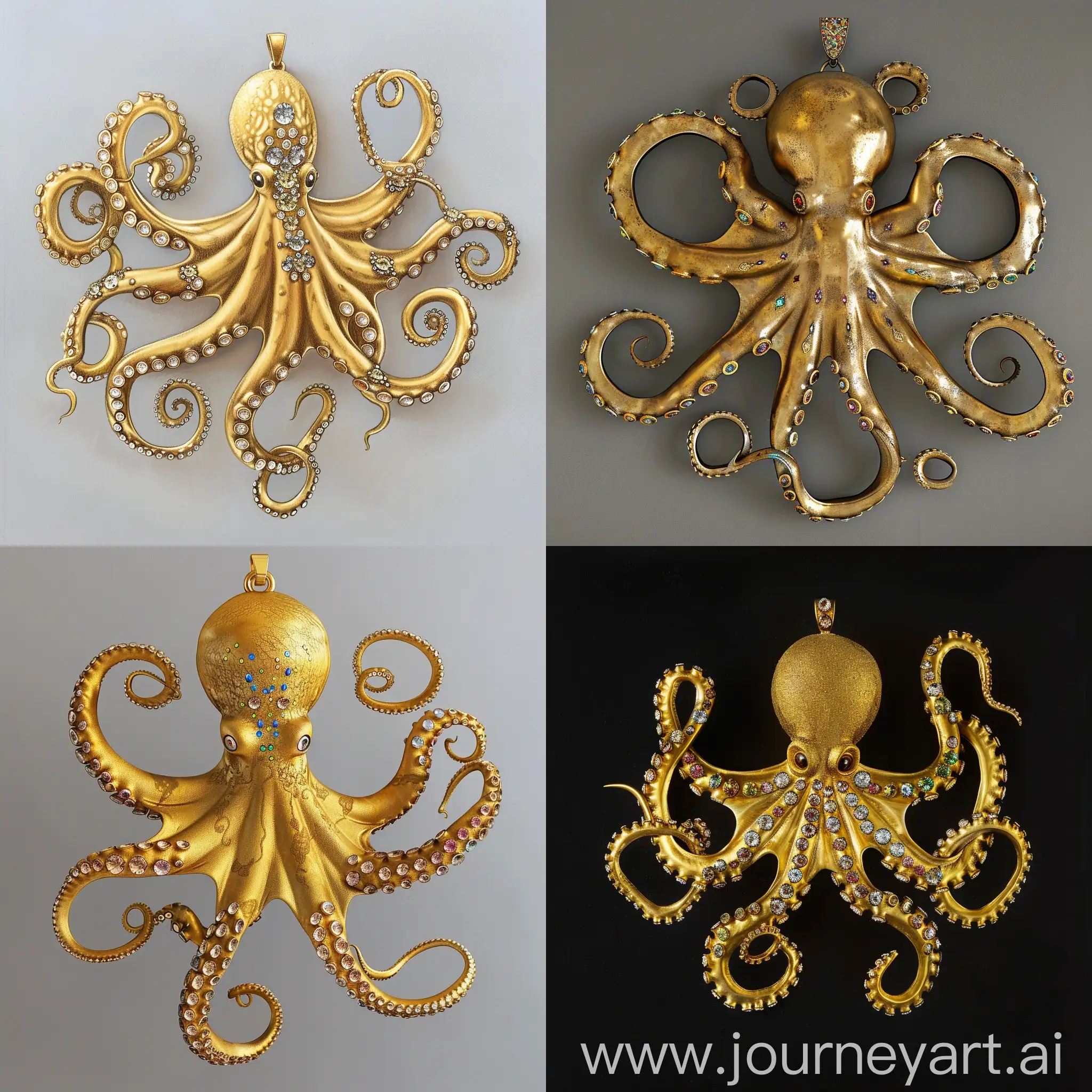 Imagine you are a matrix gold software and draw a gold pendant octopus with jeweled arms 