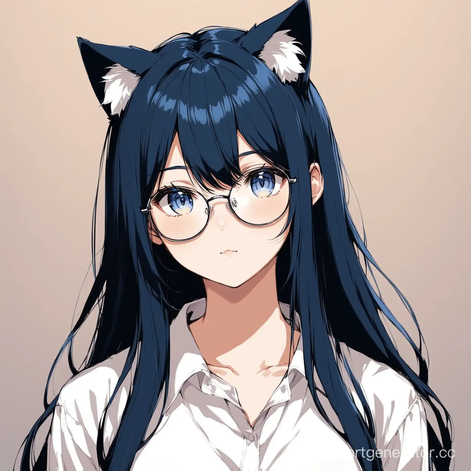 Anime-Girl-with-Long-Dark-Blue-Hair-and-Cat-Ears-in-White-Shirt-and-Glasses