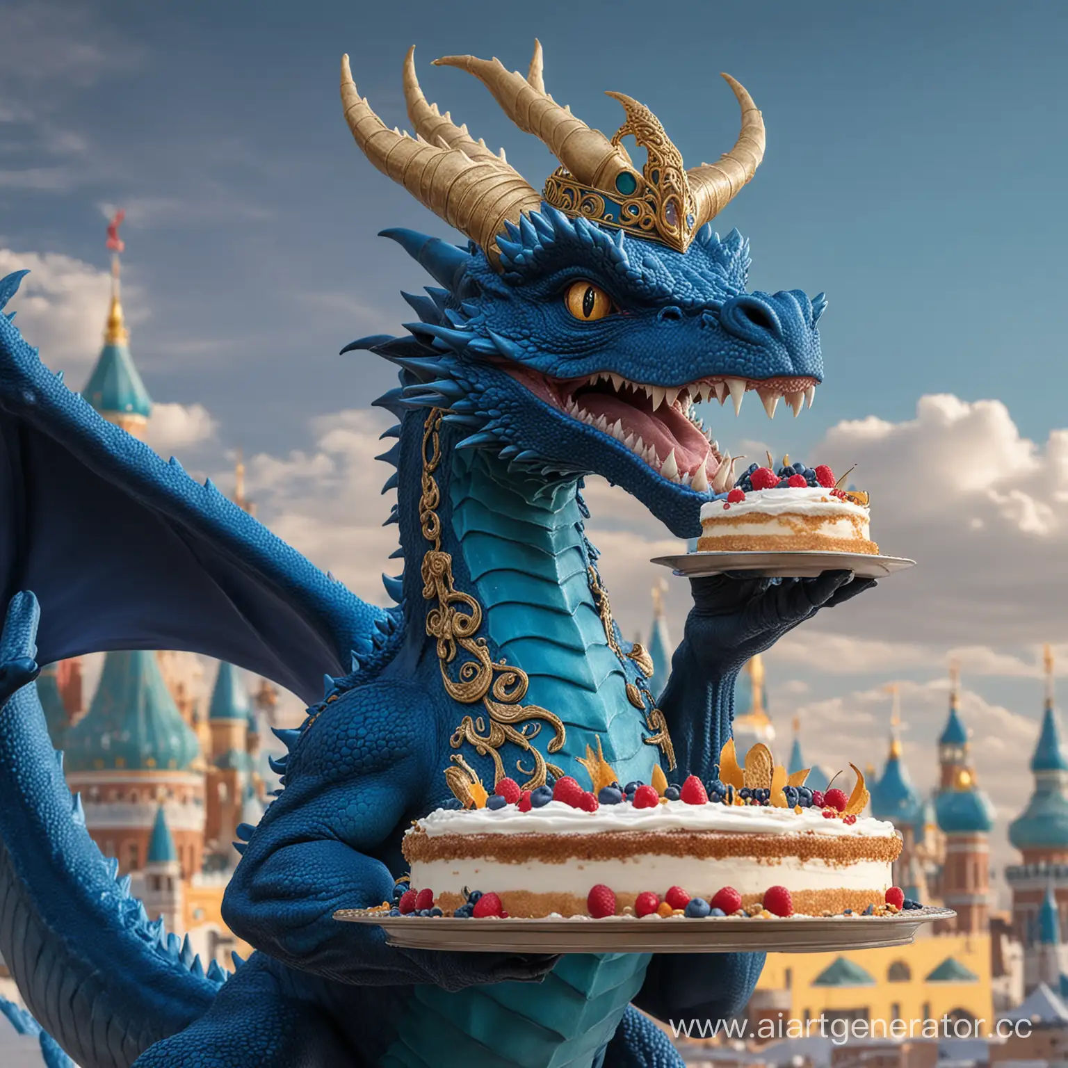 Majestic-Blue-Dragon-Celebrating-with-Cake-in-Astana-Skyline