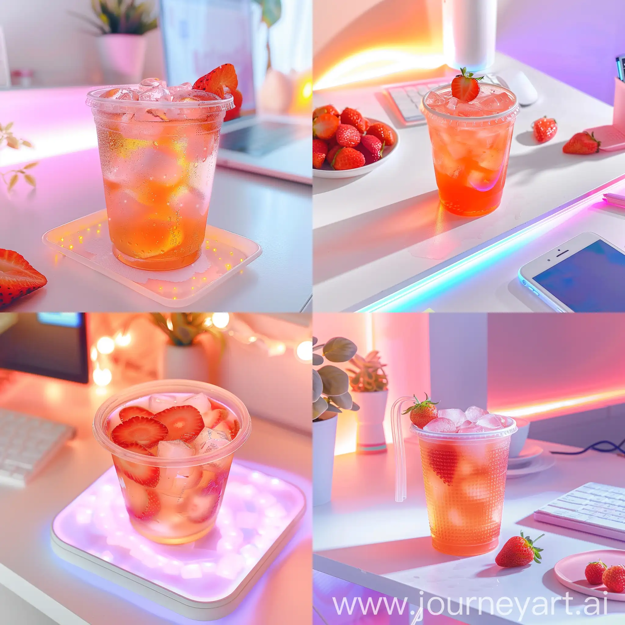 Aesthetic instagram post, strawberry iced tea in a cup on a white desk with pastel lighting 