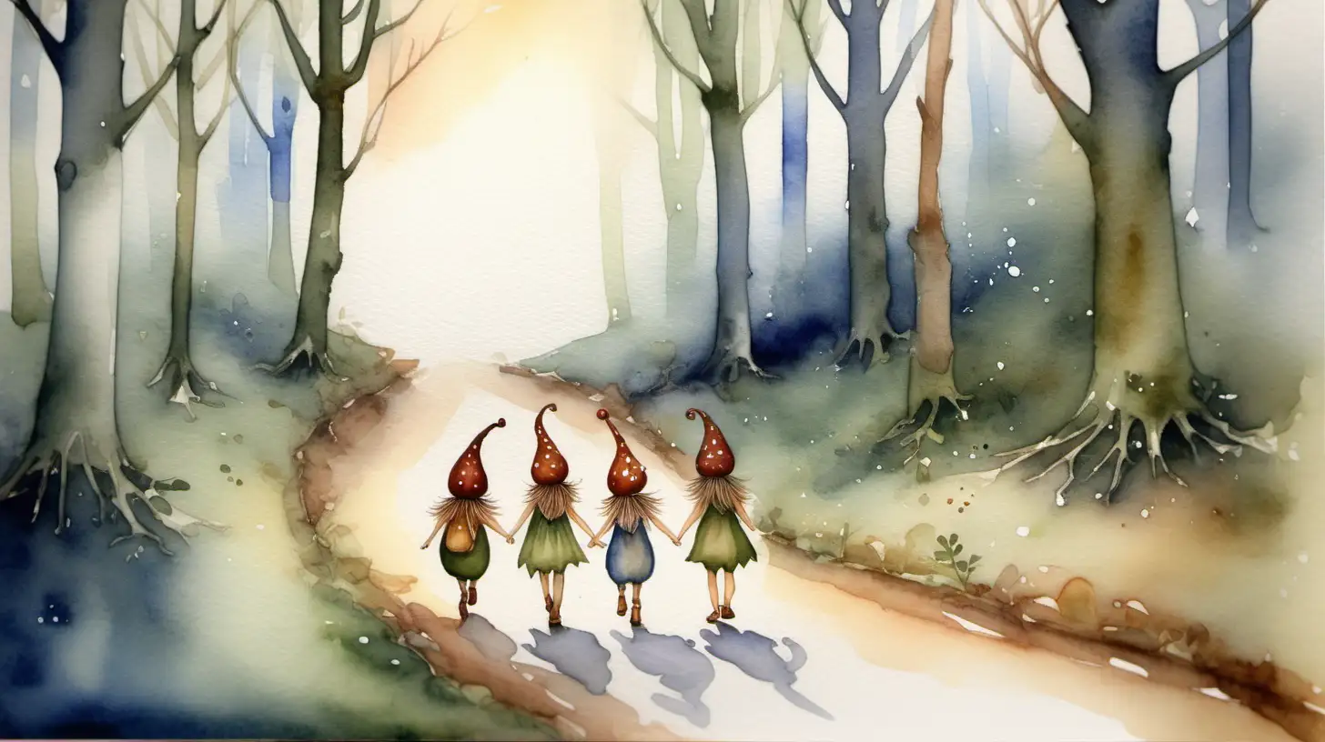 Watercolour fairy story. Pixies in acorn hats going home in the evening


