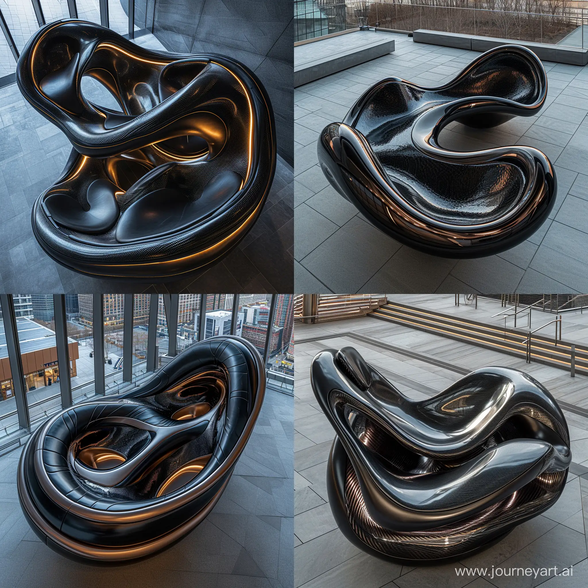  The Vessel urban viewpoint,location Hudson Yards ,aerial view, fluid and curved forms, black and metallic leather, sensation of movement, dynamism, carbon fiber, futuristic sensation, modern, integration of technology, modular design, set of LED lights, ergonomics, attractive, eye -Catching, abstract shapes, curved, sculptural, organic shapes in the style of the movie Blade Runner panorama