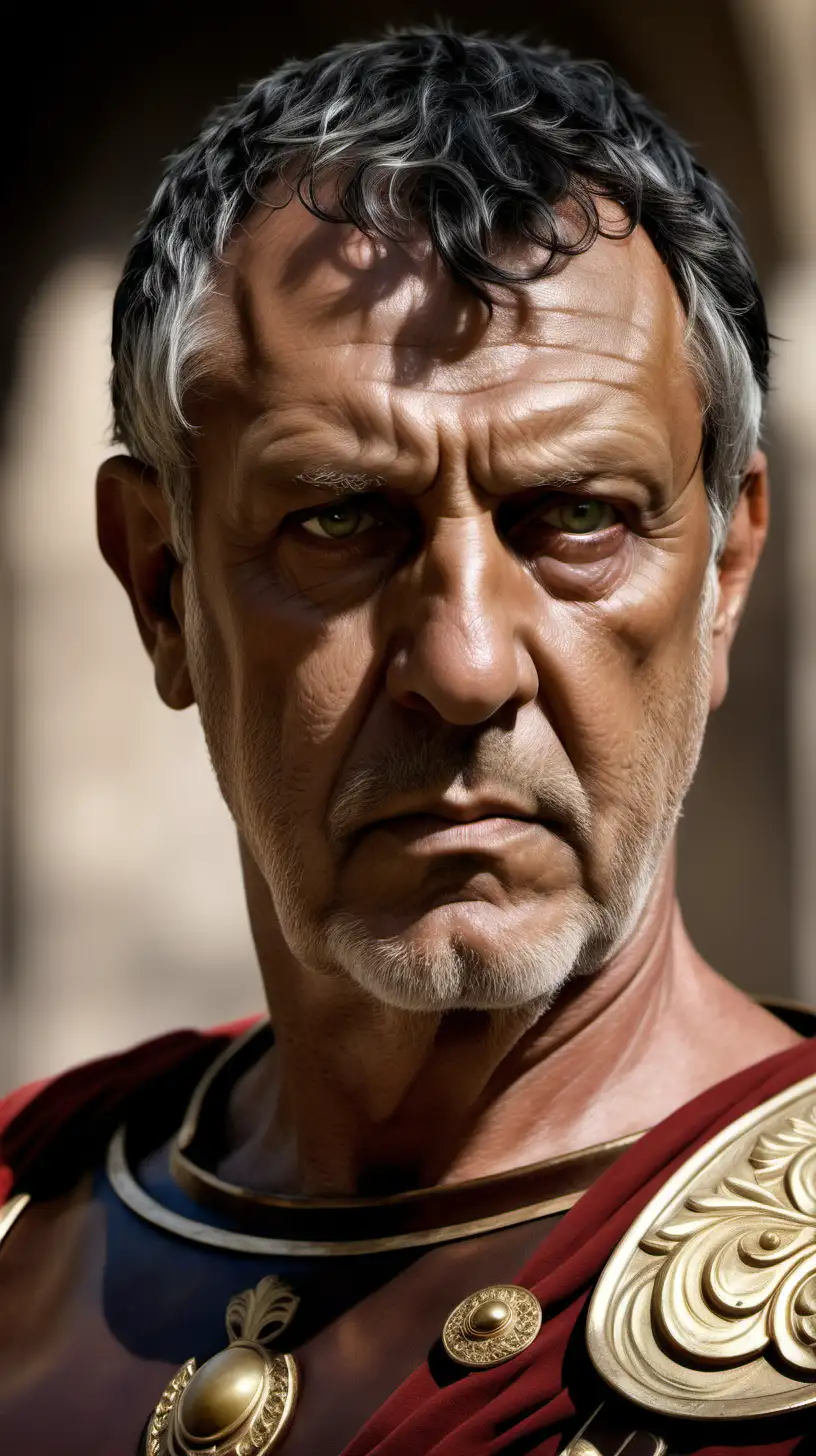 Mature man. Emperor of Rome, veteran with many battle decorations. His cold face and sharp gaze. The face, although it bears traces of older wounds, is neat and bright. Strong shoulders can be seen under the subarmalis. The rich black hair matches the olive eyes and tanned facial skin. An imposing character to whom it behooves you to show respect. 