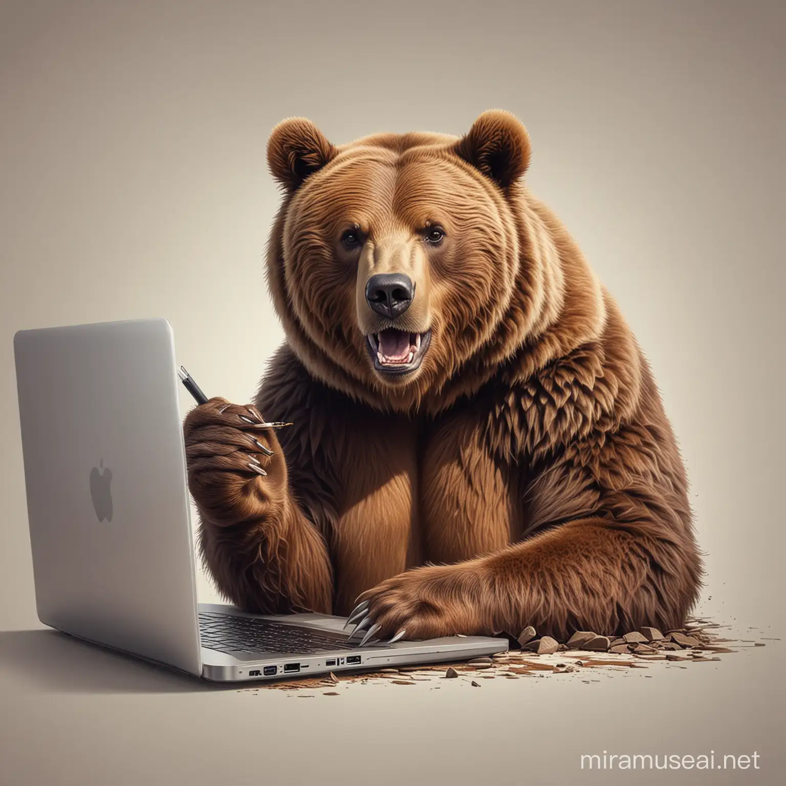 a picture of ferocious brown bear sitting at a laptop,  you need to finish drawing the laptop lid so that it is completely visible