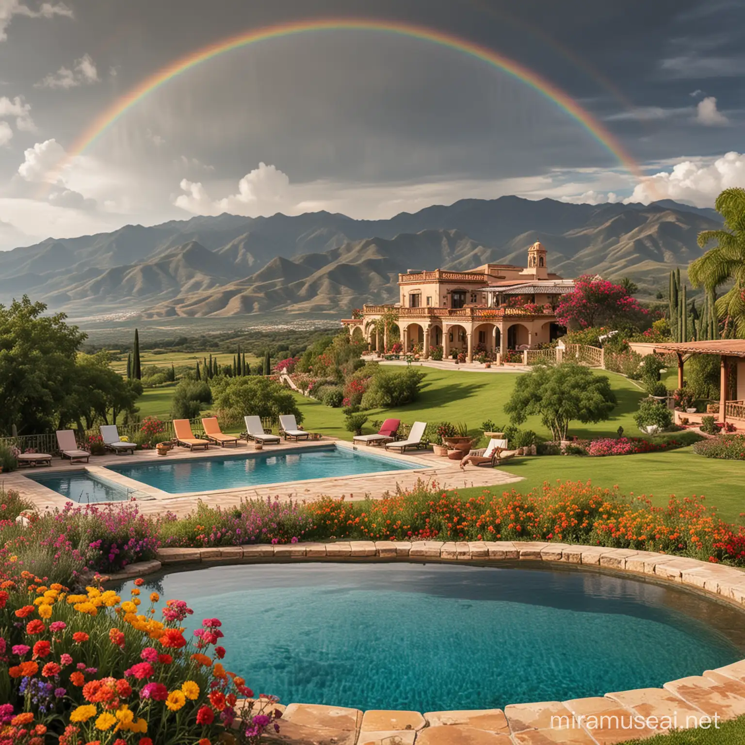 Hacienda mexicana con alberca y montañas con gran pradera con muchas flores de colores y con un gran sol y arcoíris 