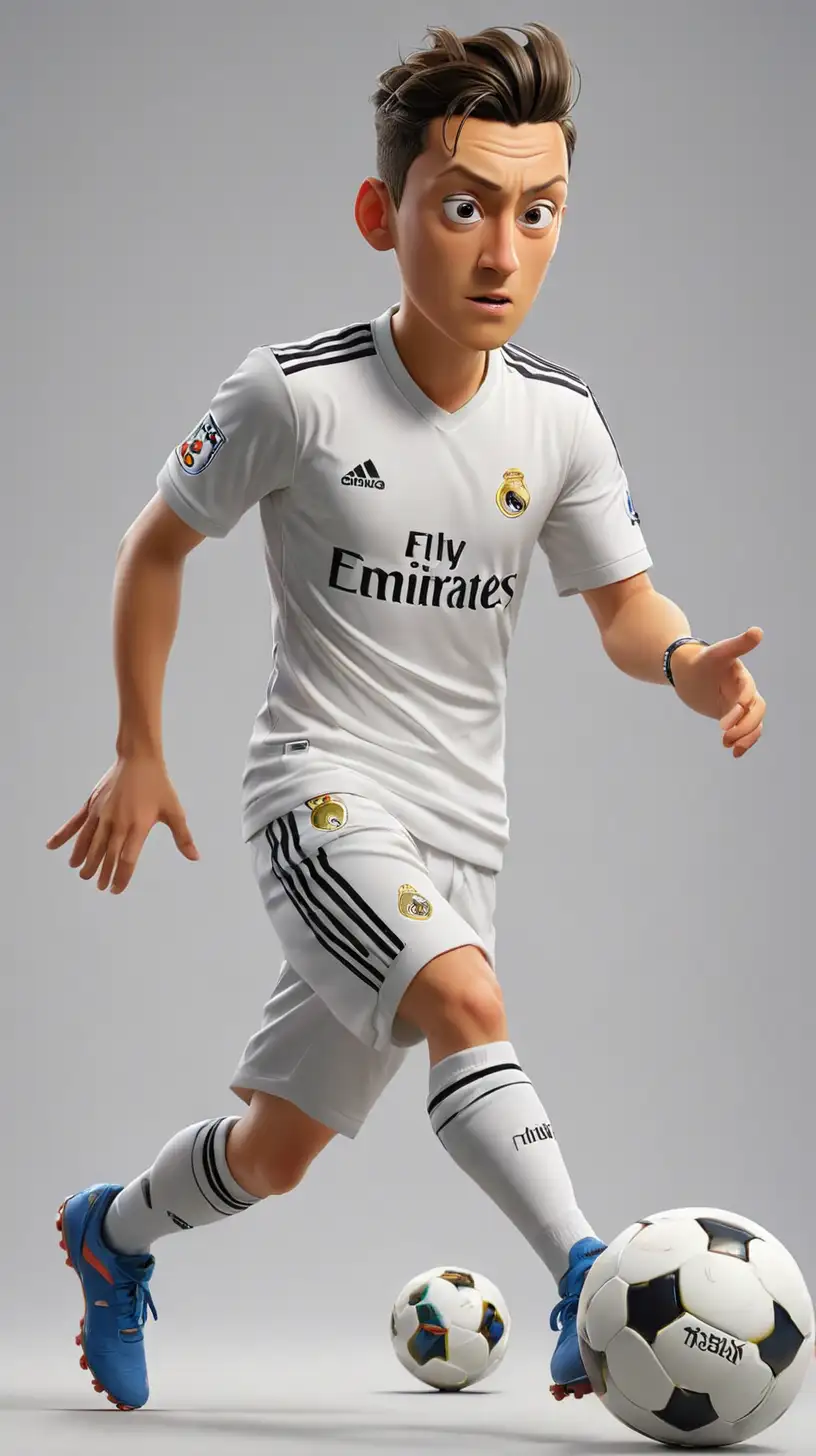 
Draw the image of Mesut Özil in Real Madrid shirt , dribbling the ball

, 3d cartoon,wearing shoes,
