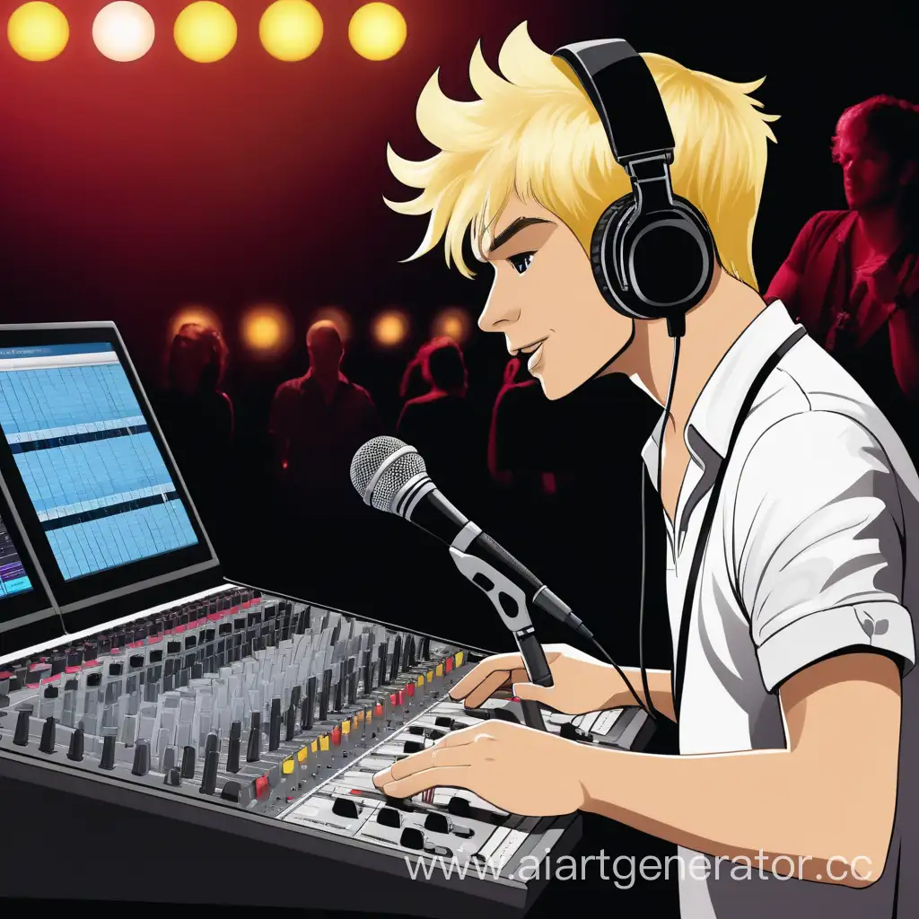 Blond-Sound-Engineer-Operating-Mixing-Console-at-Karaoke-Club