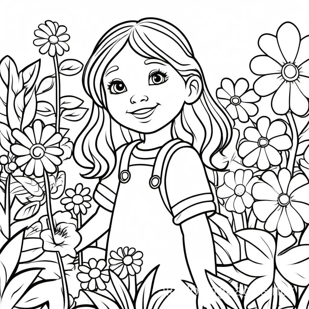 cute girl in a garden, Coloring Page, black and white, line art, white background, Simplicity, Ample White Space. The background of the coloring page is plain white to make it easy for young children to color within the lines. The outlines of all the subjects are easy to distinguish, making it simple for kids to color without too much difficulty