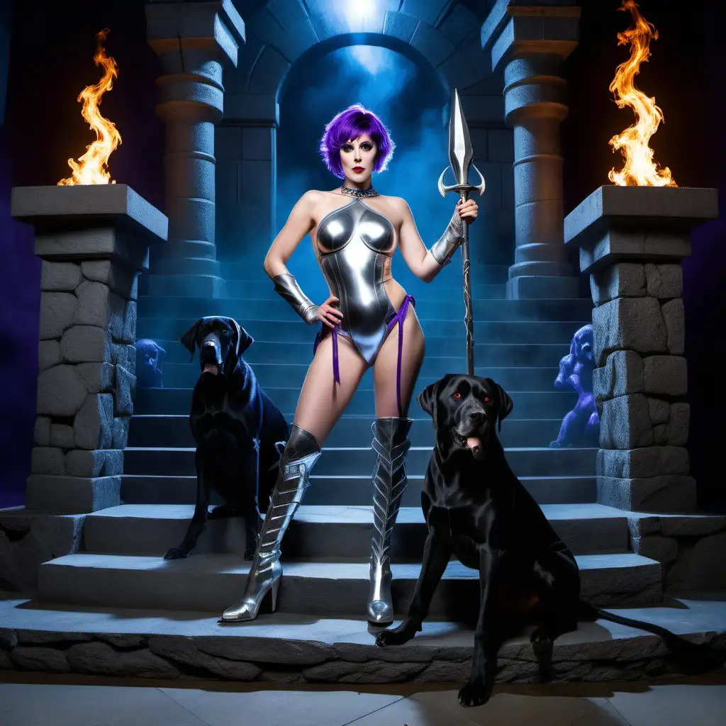 Karen oberst from facebook, 30 years old, evil princess, short, short messy purple hair, wearing silver swimsuit armor, and a purple loin cloth, armored thigh high boots, sexy smirk, sexy pose, with two  large, angry, snarling, black lab hounds, with bright blue eyes standing on her left side, standing in front of a stone throne on a raised stone dais with stairs going to the throne , torches on the doorway. dim lighting , album cover, oil painting style 