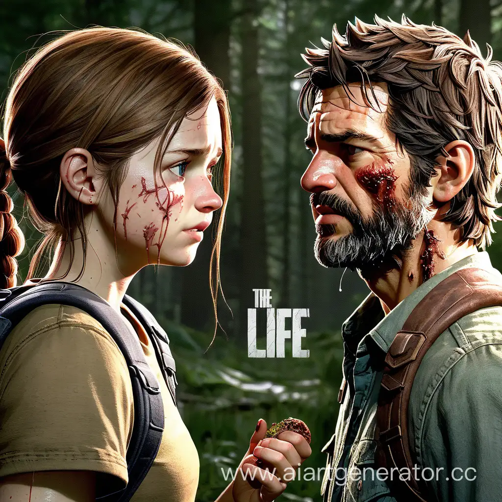Ellie and Joel from the last of us. Ellie is infected with a fungus and is trying to bite Joel