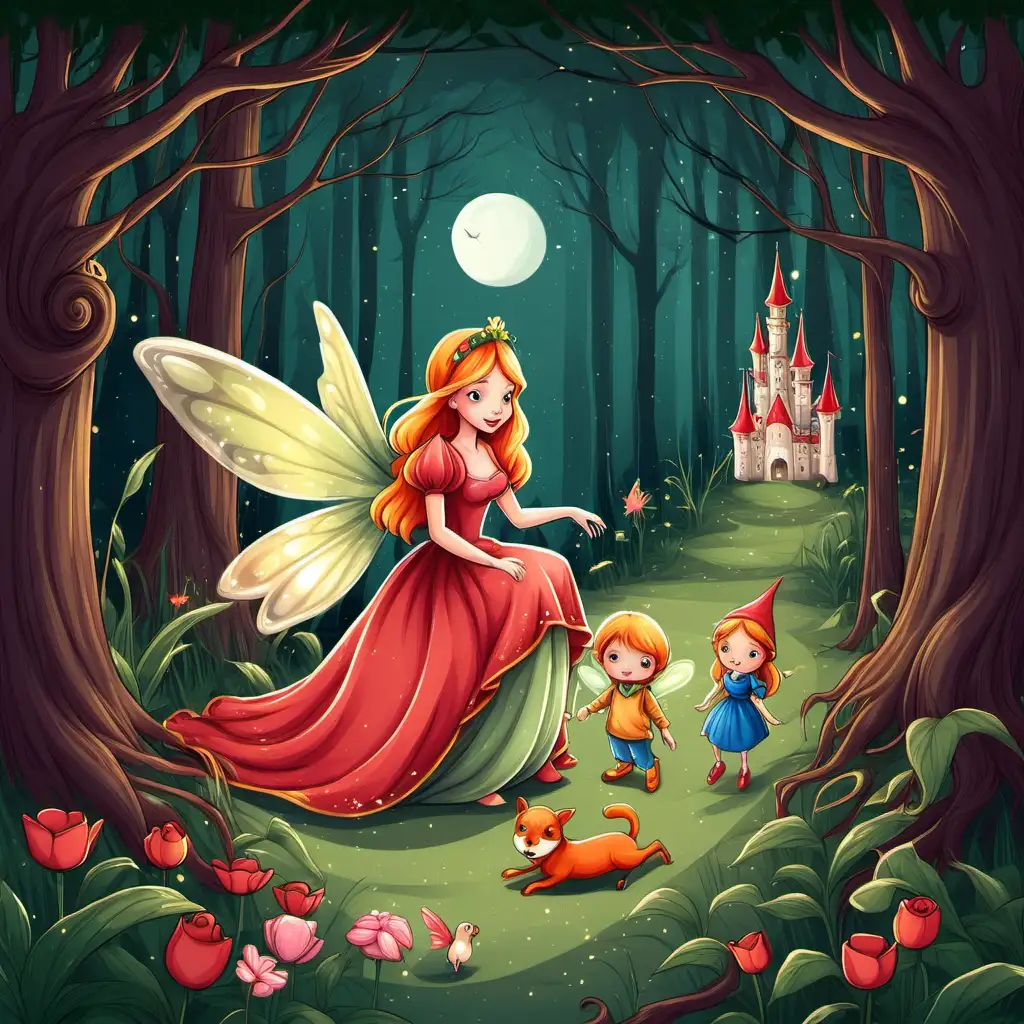 Enchanting Fairy Tales Illustration Magical Creatures in Whimsical Forest