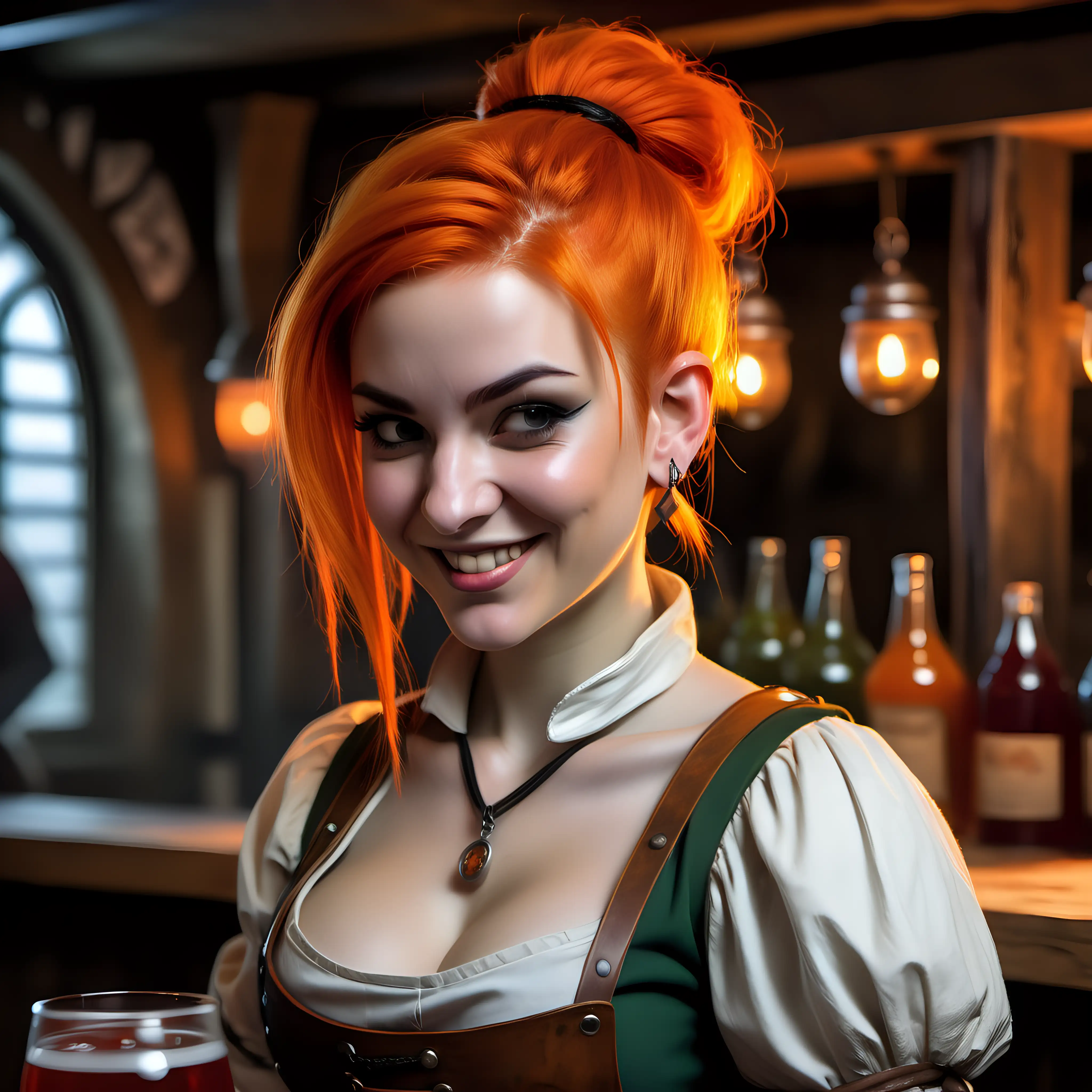 female rogue, amused expression, cute, strong, amulet necklace, small stud earrings, bright orange hair in a tight bun, bartending, medieval fantasy, small tavern, super-detailed, hyper-realistic