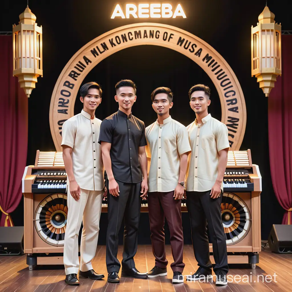 Dua artis pria muda tampan, wajah indonesia, berdiri di tengah panggung, di samping kanan ada musisi organ tunggal, di sebelah kiri ada musisi kendang ketipung,
Baiground  panggung bertuliskan "AREBA".
Full body realistis