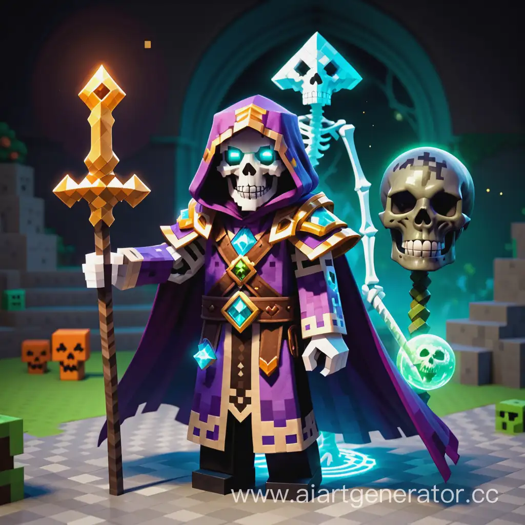 Мистический полководец с волшебном посохом скелет одетый в мантии мага в майнкрафт с головой зомби
