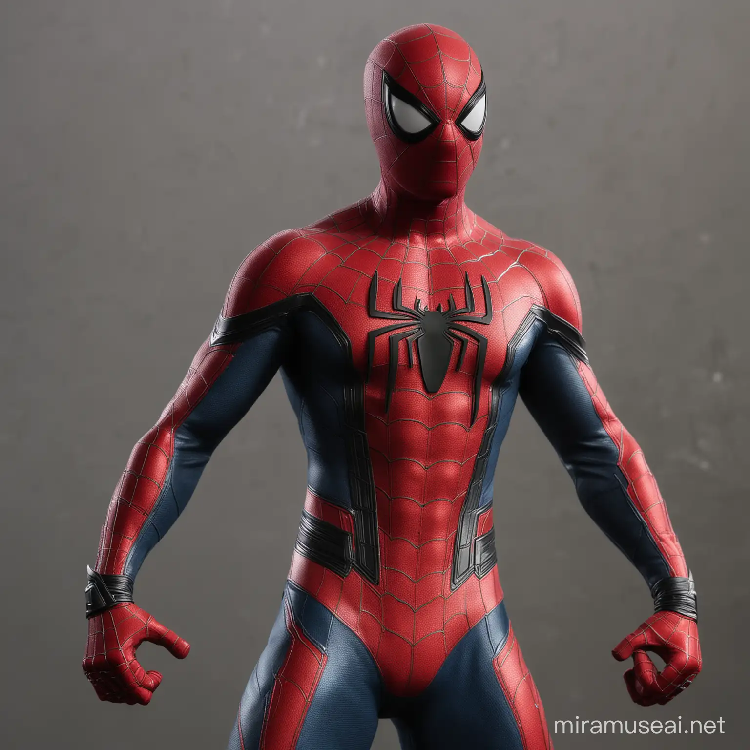 spiderman wearing the red and blue suit with thick black webbing all over the suit 