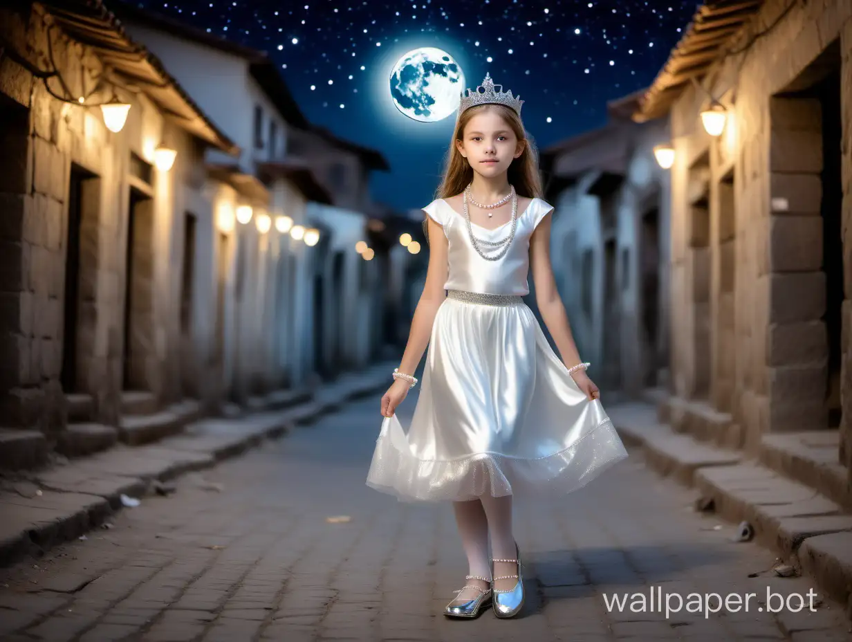 Young-Girl-in-Regal-Attire-Strolls-Through-Enchanted-Ancient-City-at-Night