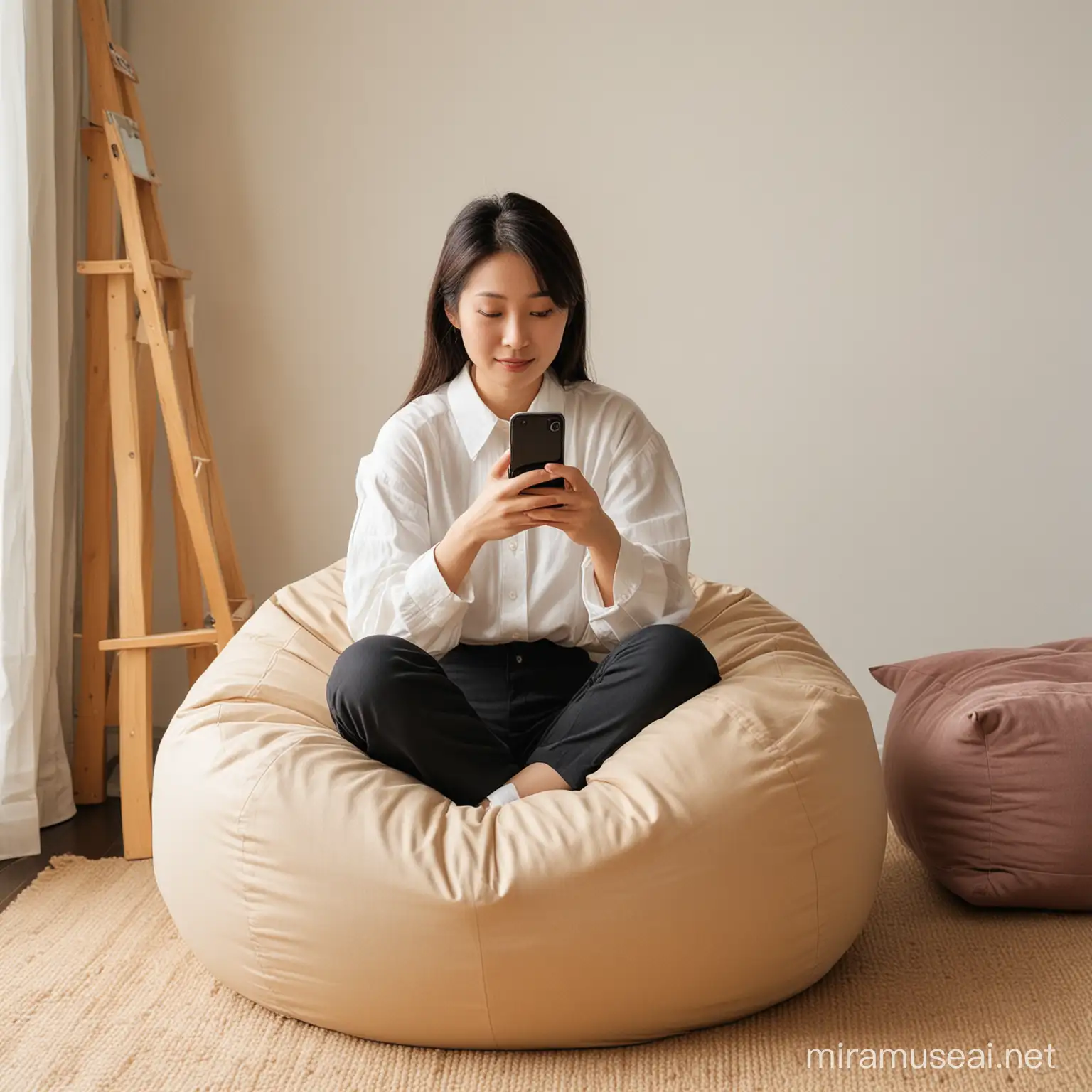 una mujer japonesa sentada en puff  usando un celular en la mano