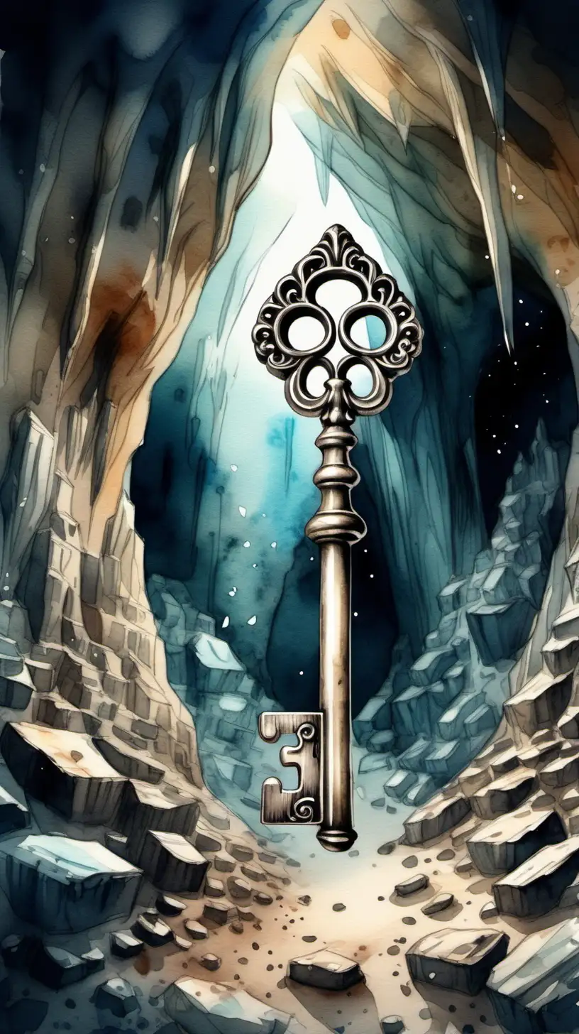 Intricate Watercolor Rendering of a Beautiful Skeleton Key in a Mystical Cave