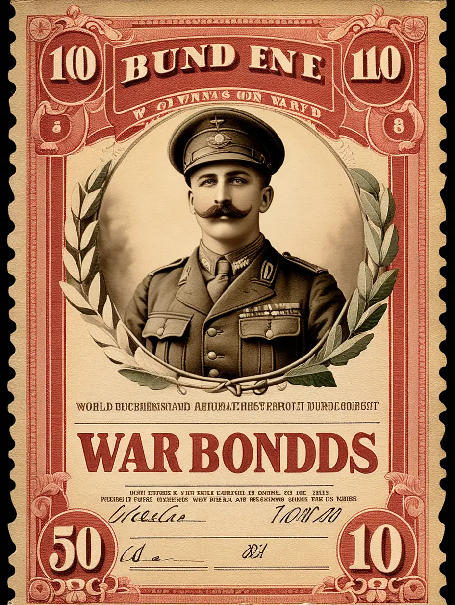 World war one war bonds, realistic texture, banknote style, vintage style, retro colors,