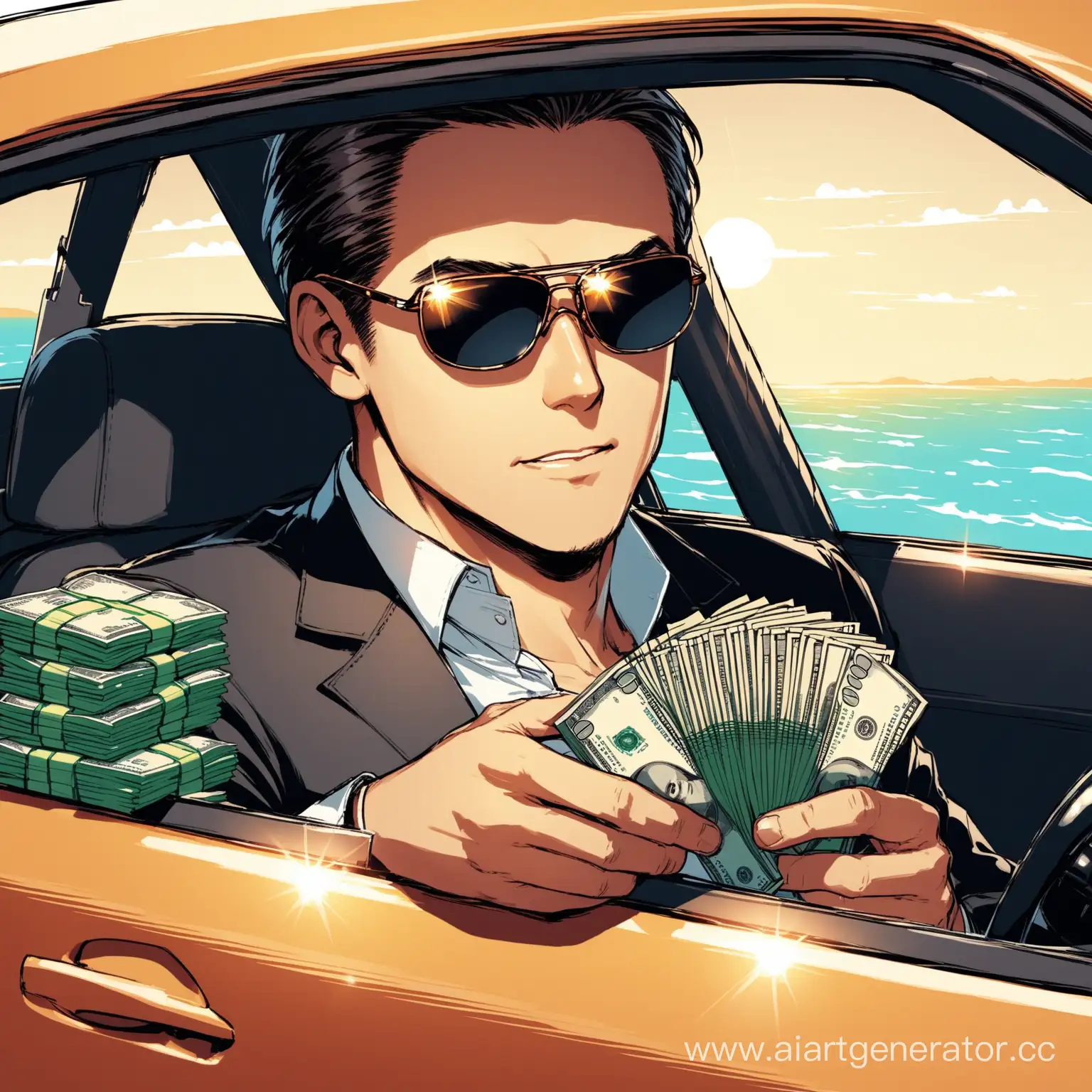 Man-in-Sunglasses-Enjoying-a-Leisurely-Drive-While-Counting-Cash