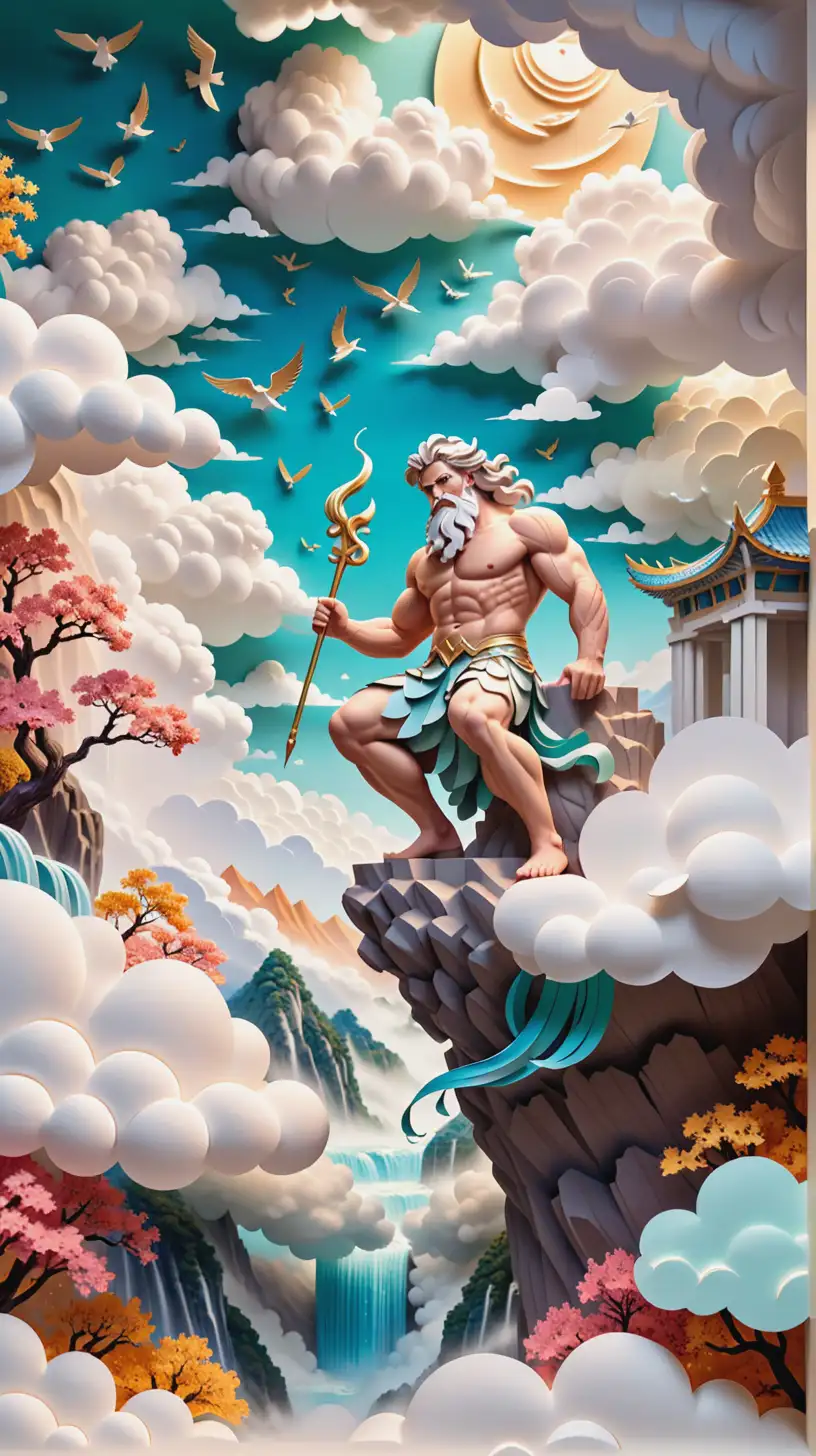 Multi – dimensional paper kirigami craft, paper illustration, Chinese illustration on white background, Looking down from the air, Zeus on the Olympus wall, surrounded by clouds, above super wide angle, Thomas Kinkade, dreamy, 4K, romantic, trending on Artstation, colorful vanilla oil, 3d relief