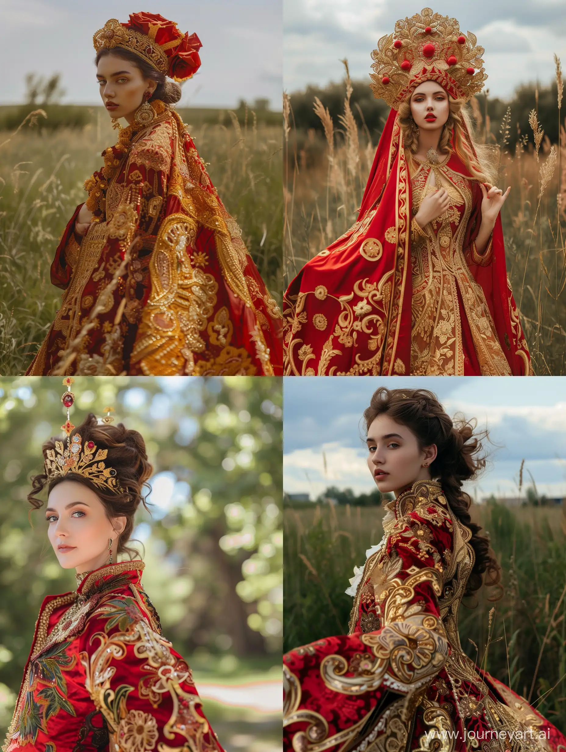 cosmetology costume by arfya kanevsky, in the style of red and gold, high Slavic style, qajar art, dynamic outdoor shots, maximalist, byzantine-inspired, alla prima 
